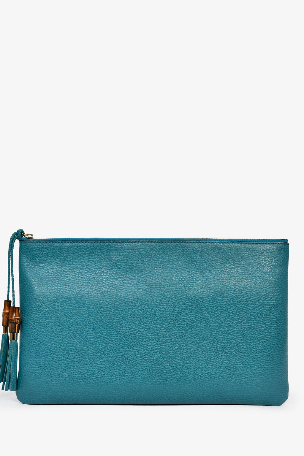 Gucci Turquoise Pebbled Leather Bamboo Tassel Clutch