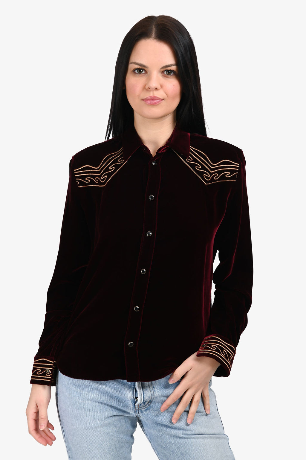 Saint Laurent 2018 Burgundy Gold Embroidered Velvet Western Shirt Size 38 Mens