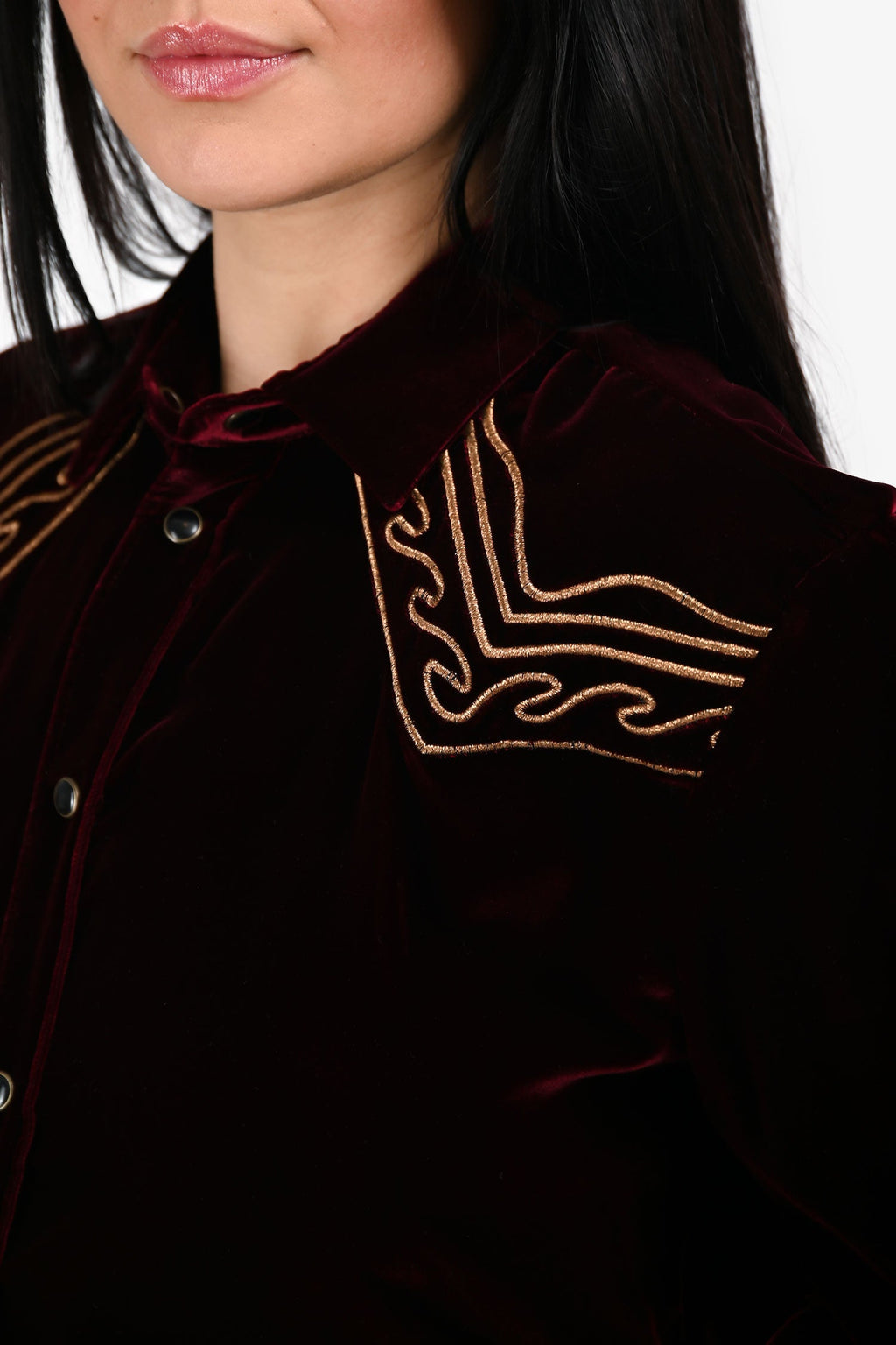 Saint Laurent 2018 Burgundy Gold Embroidered Velvet Western Shirt Size 38 Mens