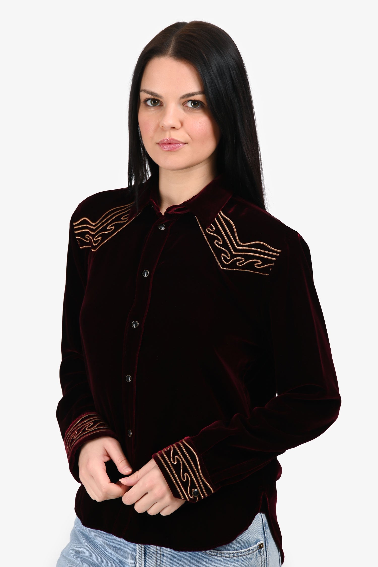 Saint Laurent 2018 Burgundy Gold Embroidered Velvet Western Shirt Size 38 Mens