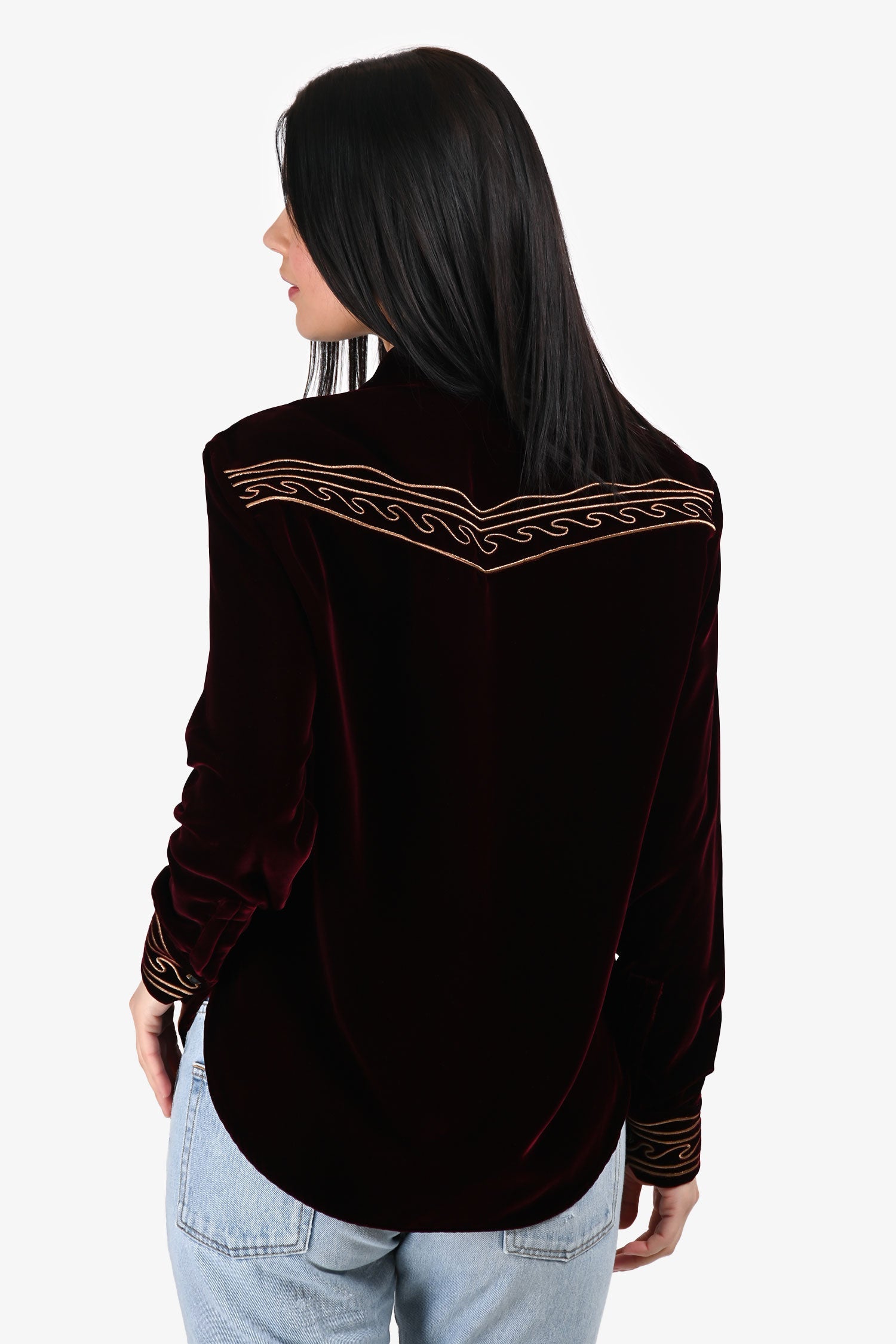 Saint Laurent 2018 Burgundy Gold Embroidered Velvet Western Shirt Size 38 Mens