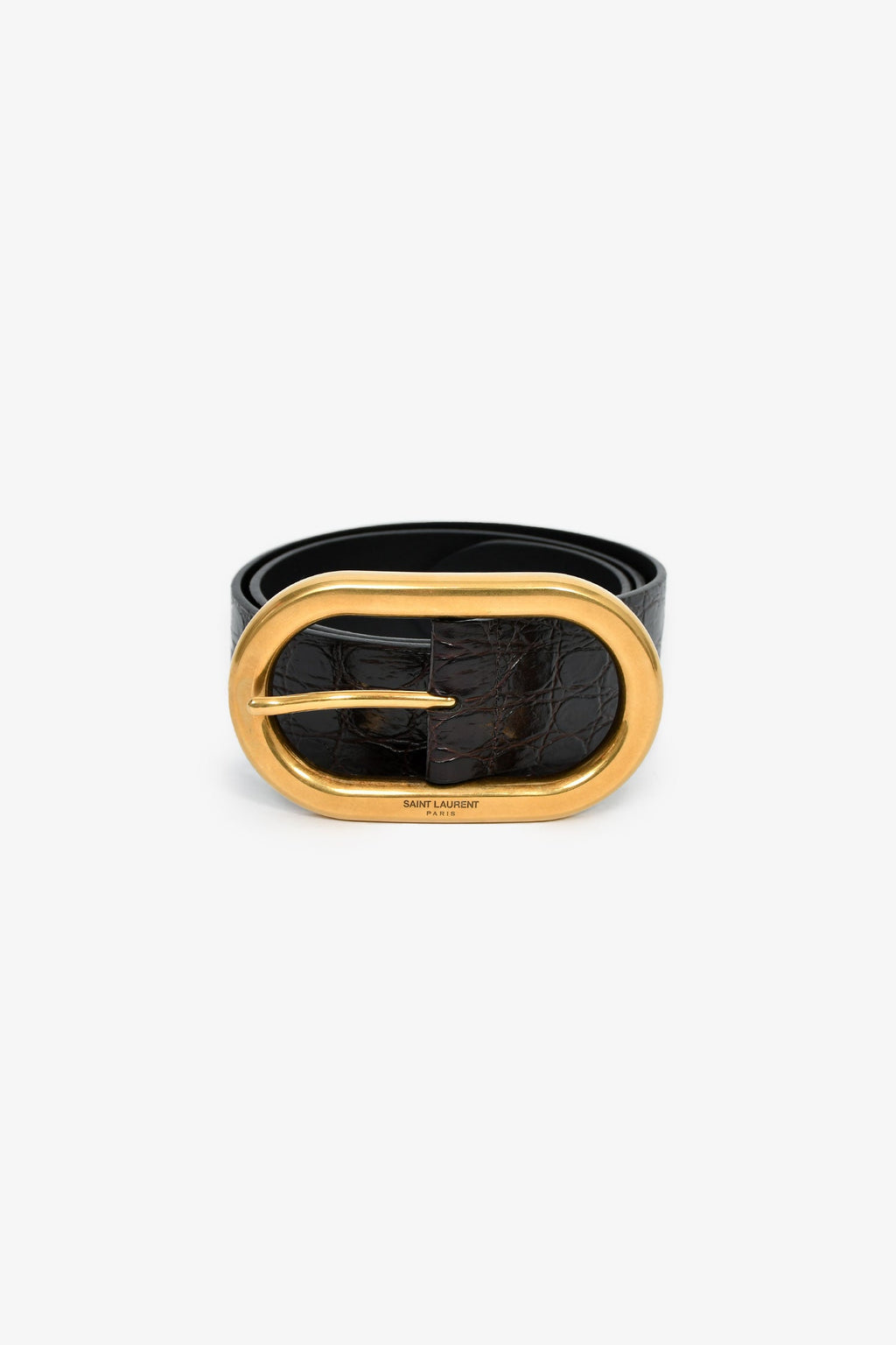 Saint Laurent Black Croc Embossed Leather Gold Buckle Wide Belt Size 85