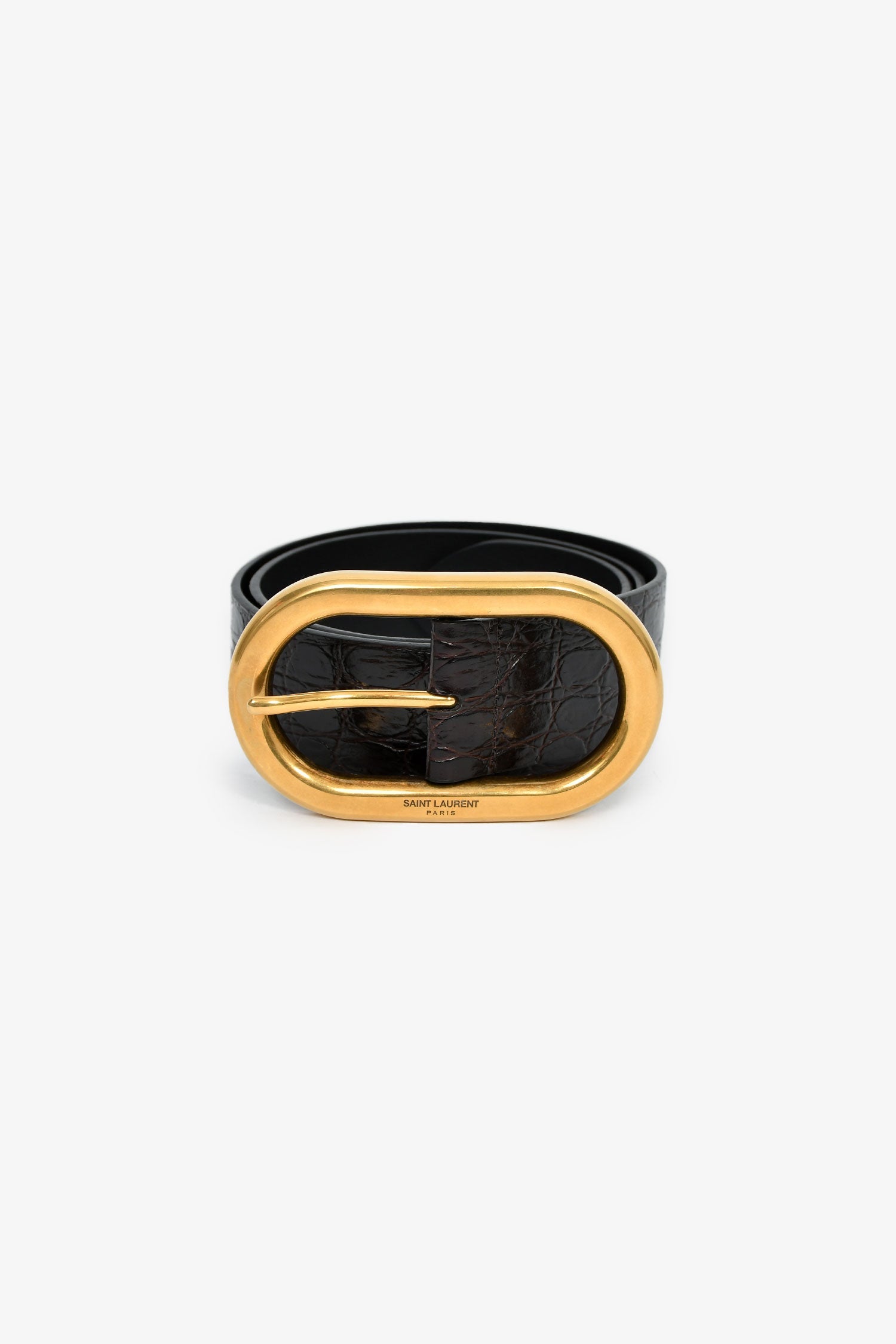 Saint Laurent Black Croc Embossed Leather Gold Buckle Wide Belt Size 85