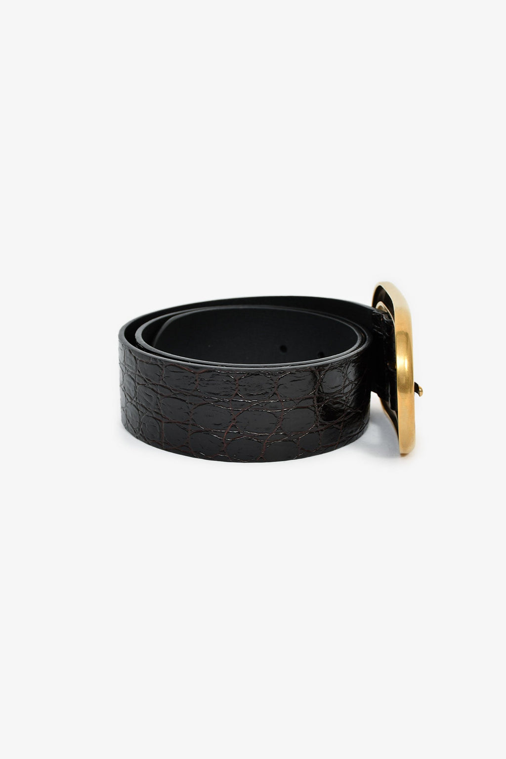 Saint Laurent Black Croc Embossed Leather Gold Buckle Wide Belt Size 85