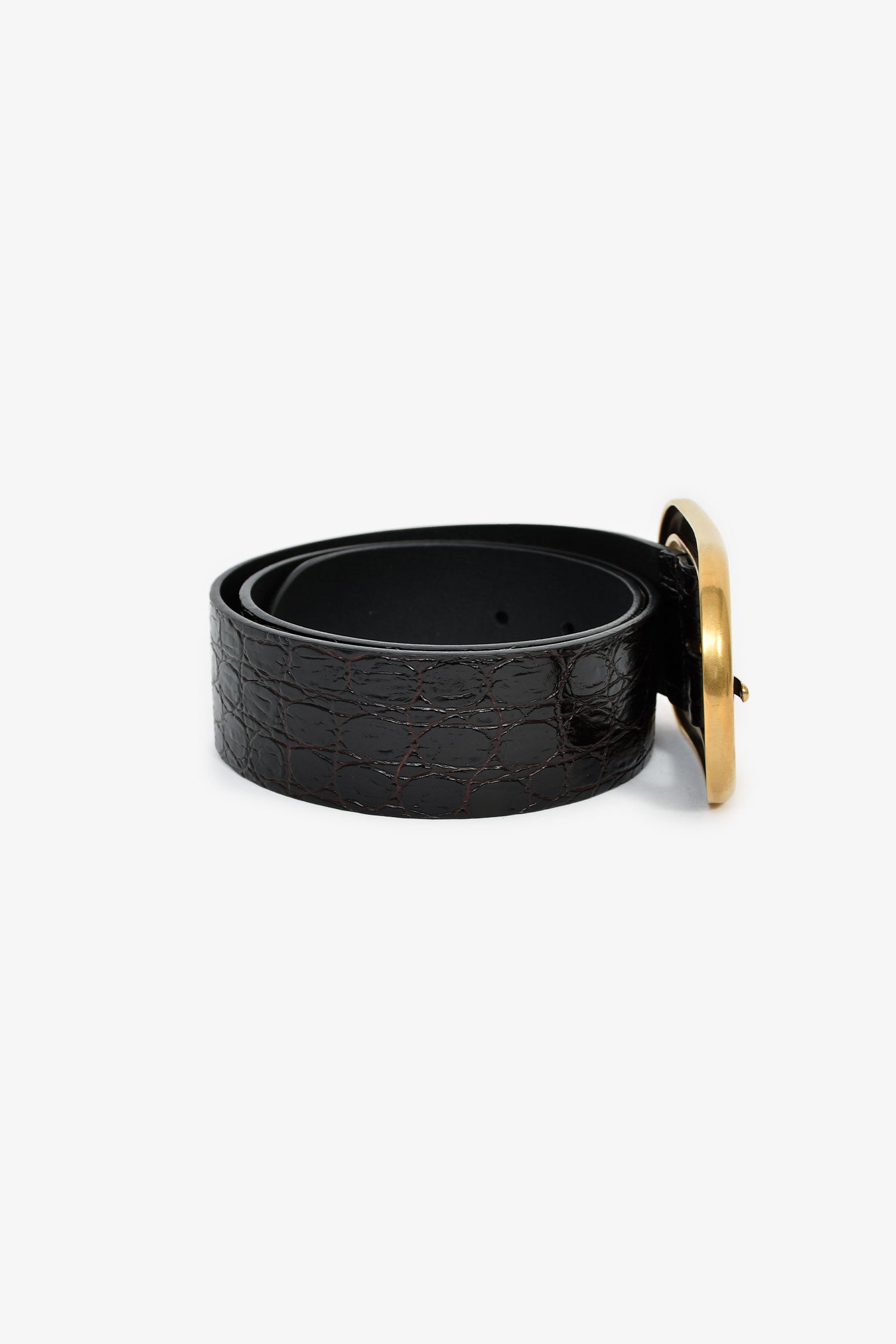 Saint Laurent Black Croc Embossed Leather Gold Buckle Wide Belt Size 85