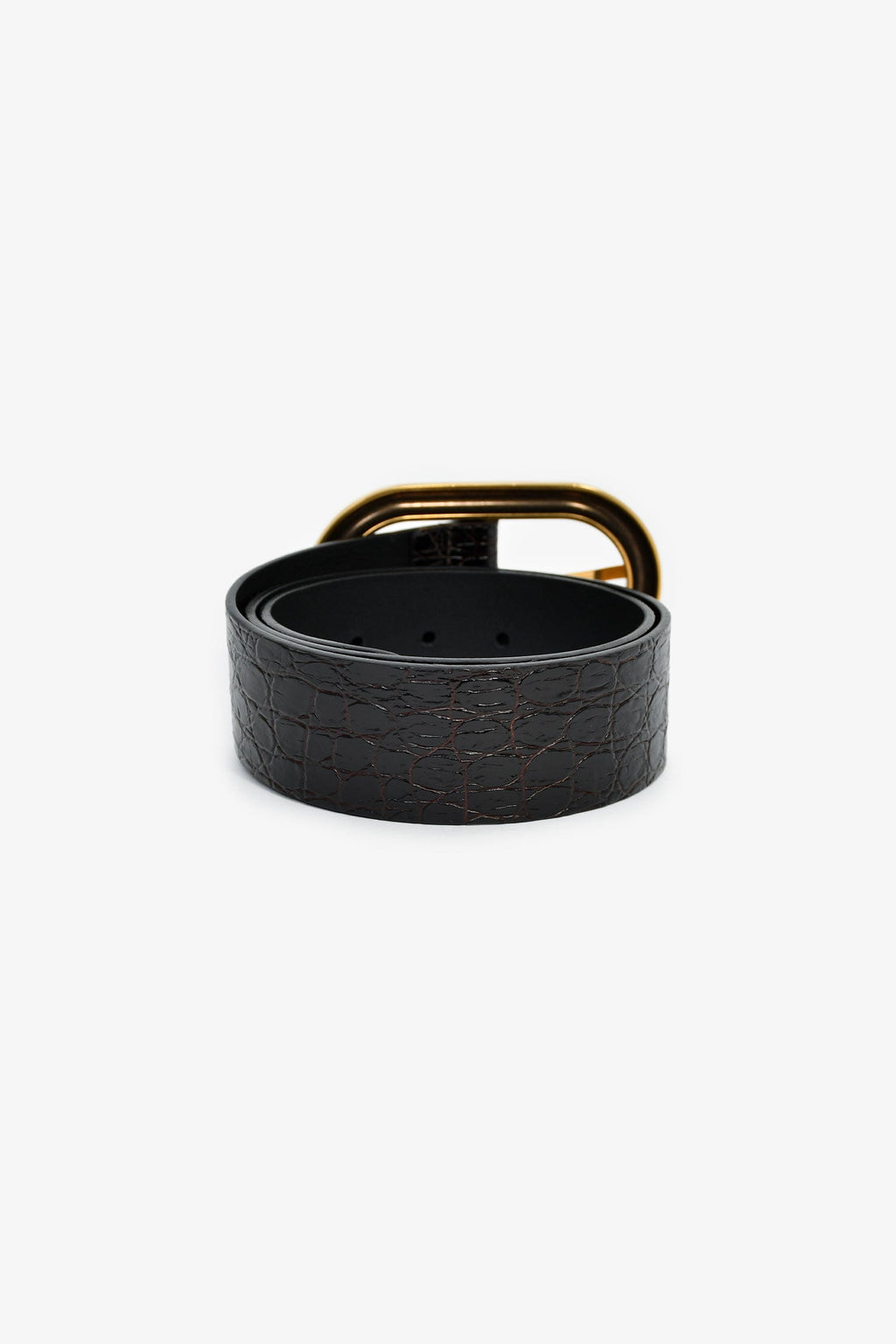 Saint Laurent Black Croc Embossed Leather Gold Buckle Wide Belt Size 85