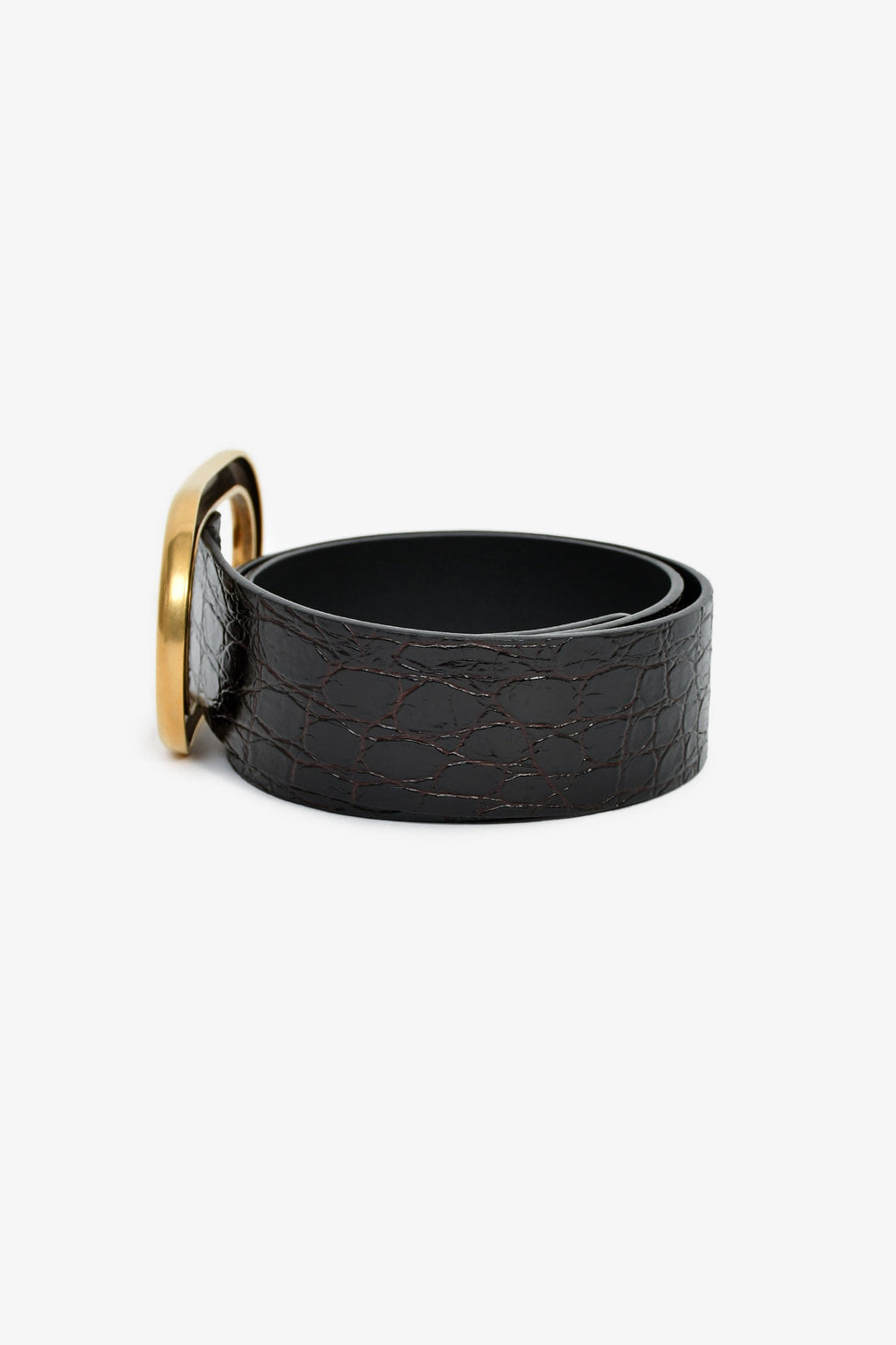 Saint Laurent Black Croc Embossed Leather Gold Buckle Wide Belt Size 85