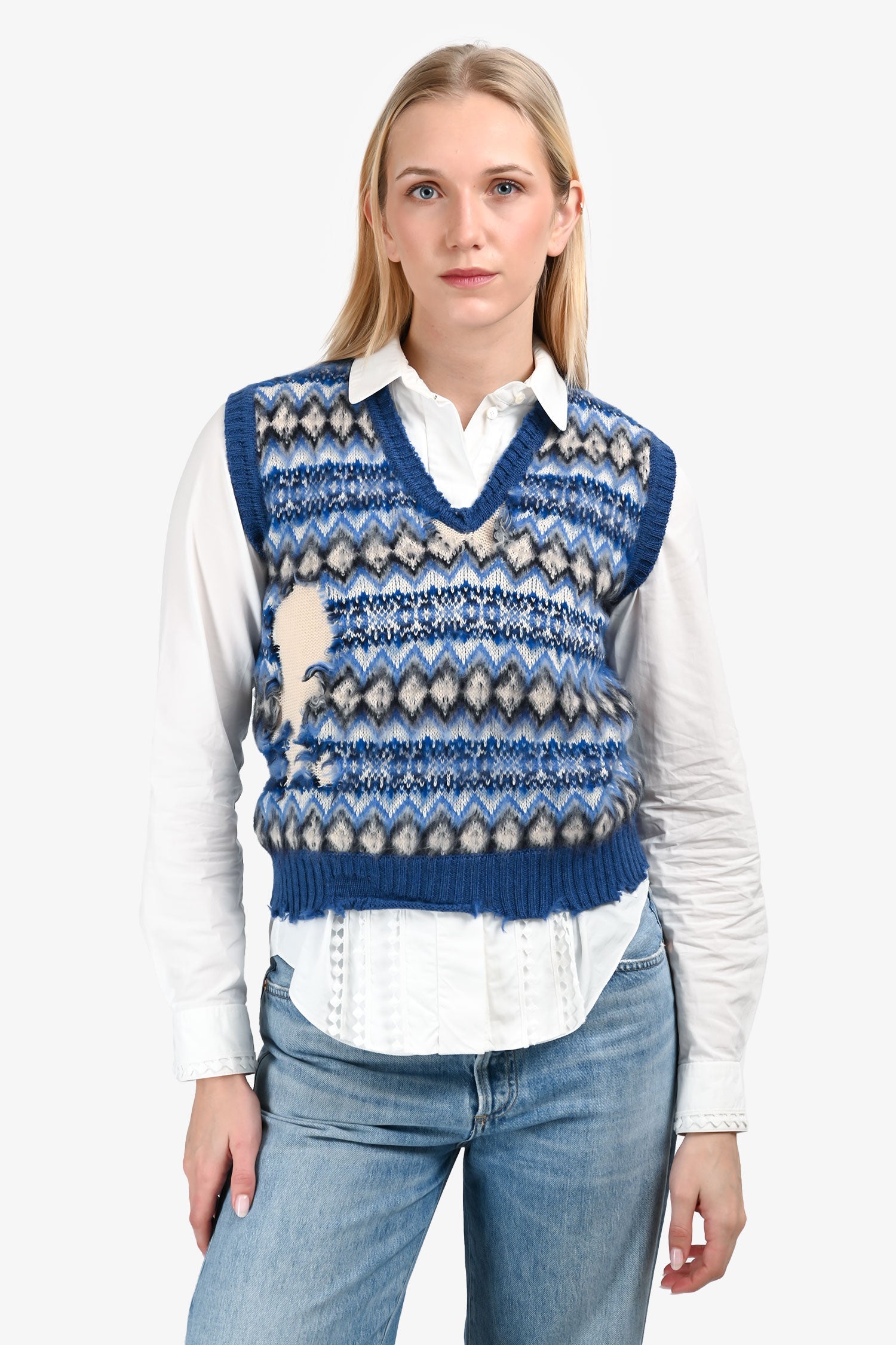 Maison Margiela 2022 Blue Wool Blend Anarchic Fair Isle Sweater Vest Size S