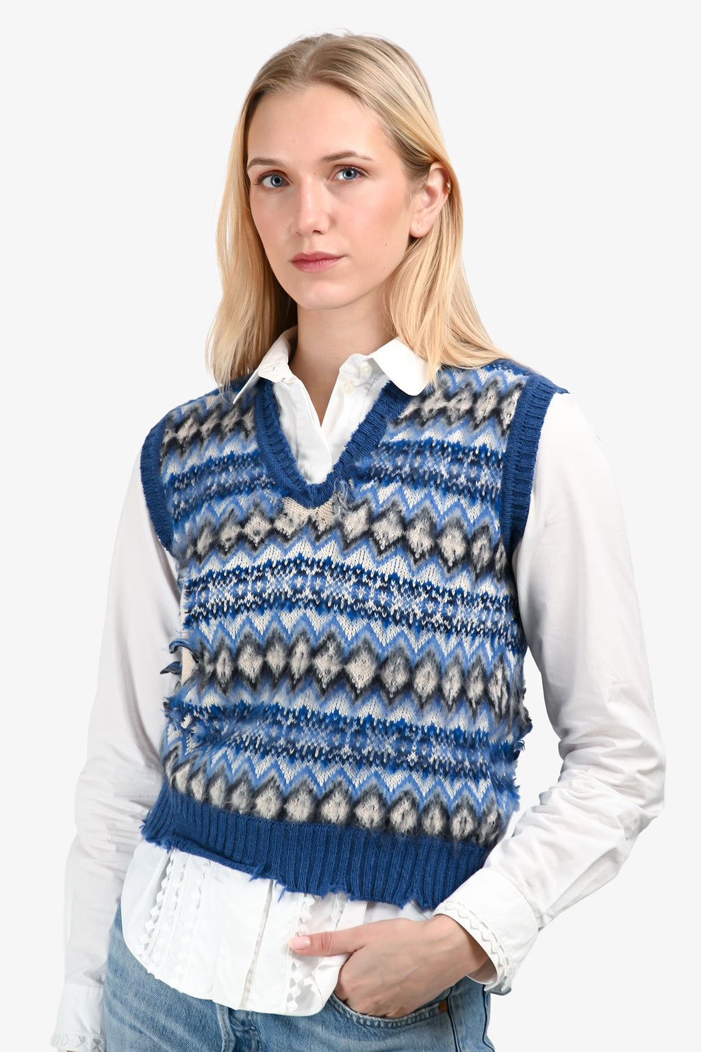 Maison Margiela 2022 Blue Wool Blend Anarchic Fair Isle Sweater Vest Size S