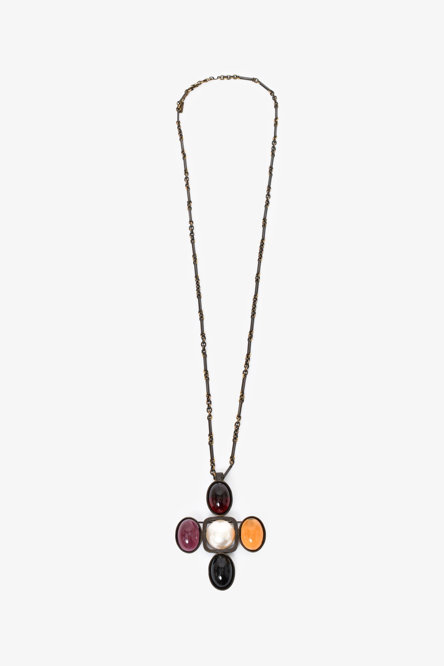 Saint Laurent Faux Pearl/Resin Cross Convertible Pendant Brooch Necklace