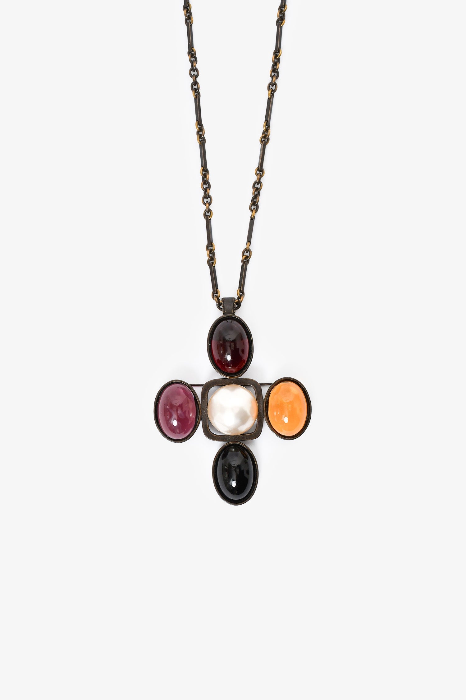 Saint Laurent Faux Pearl/Resin Cross Convertible Pendant Brooch Necklace
