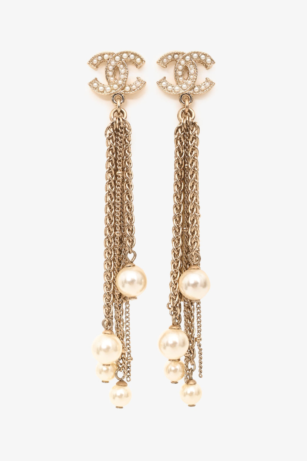 Pre-Loved Chanel™ 2020 Gold Tone Faux Pearl CC Ear Pendants