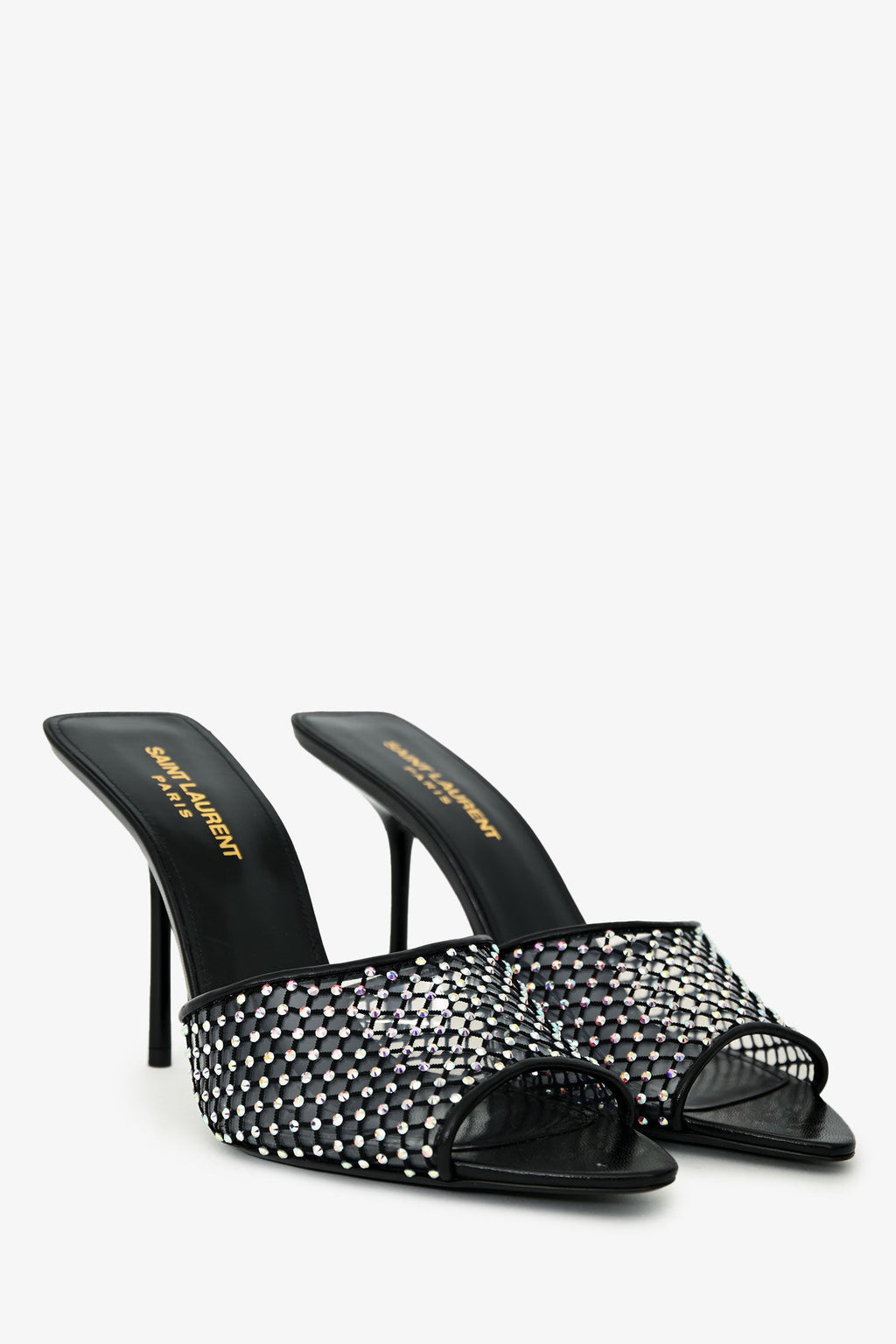 Saint Laurent Black Leather Crystal Embellished Mesh Mules Size 38.5