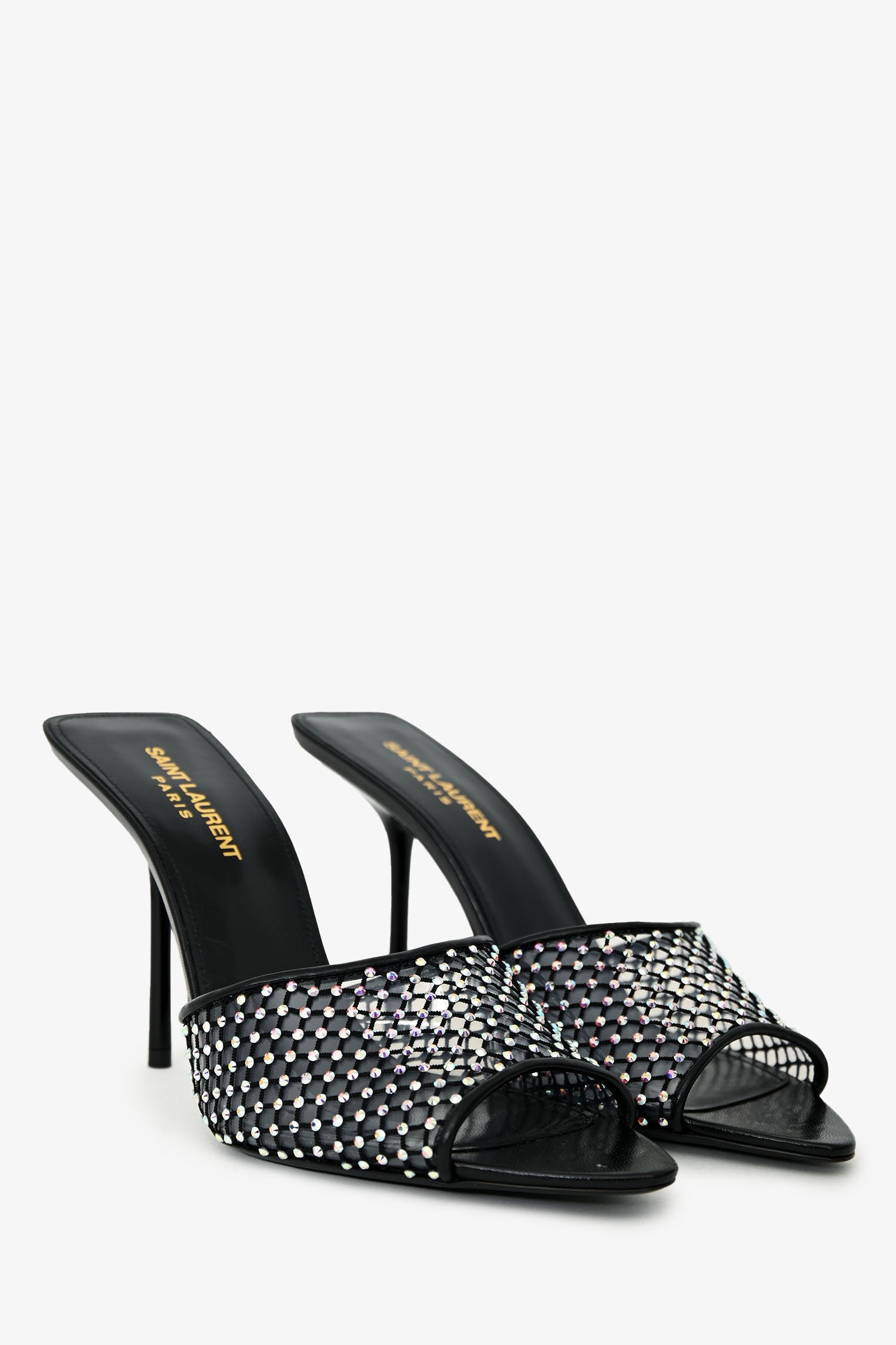 Saint Laurent Black Leather Crystal Embellished Mesh Mules Size 38.5