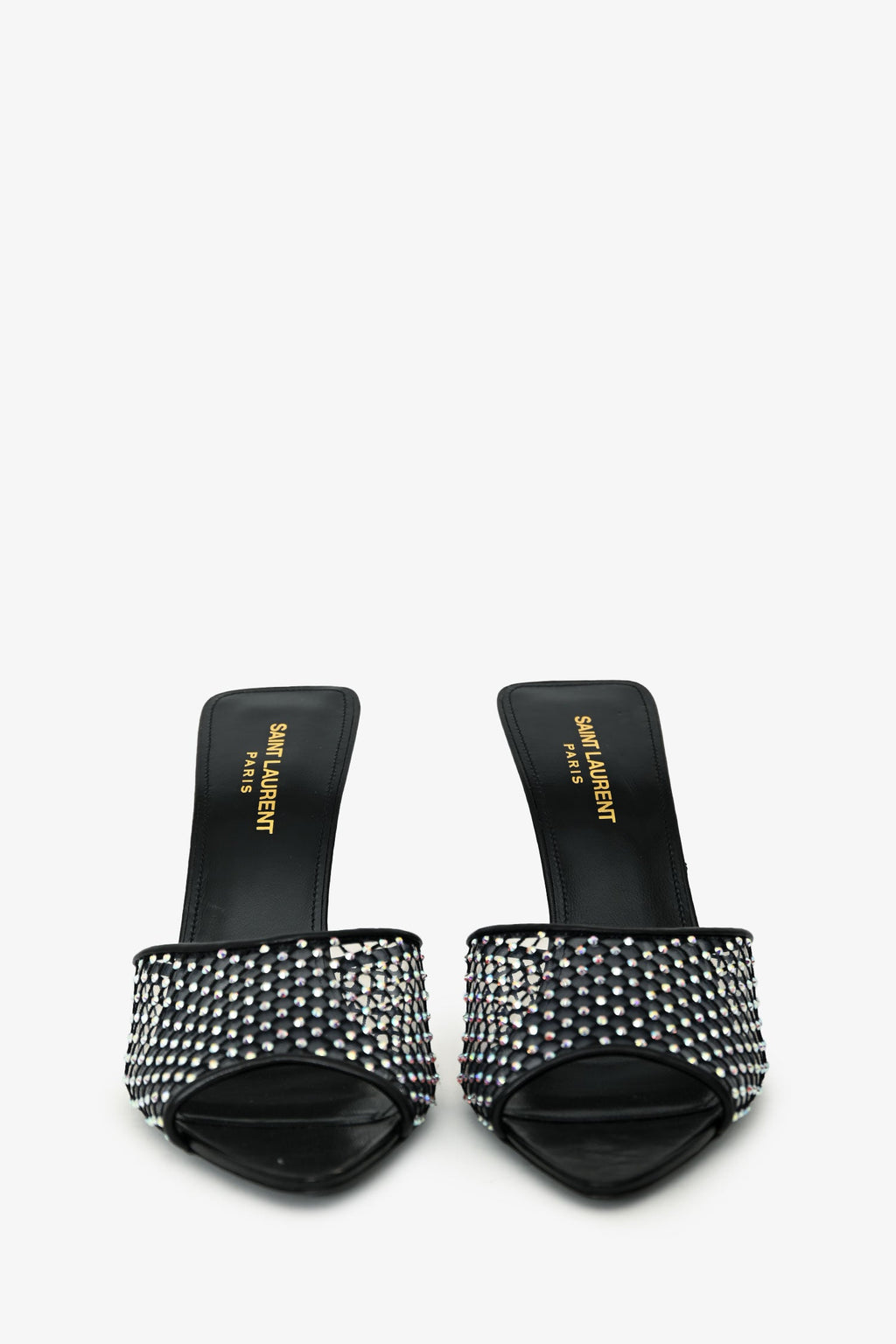 Saint Laurent Black Leather Crystal Embellished Mesh Mules Size 38.5