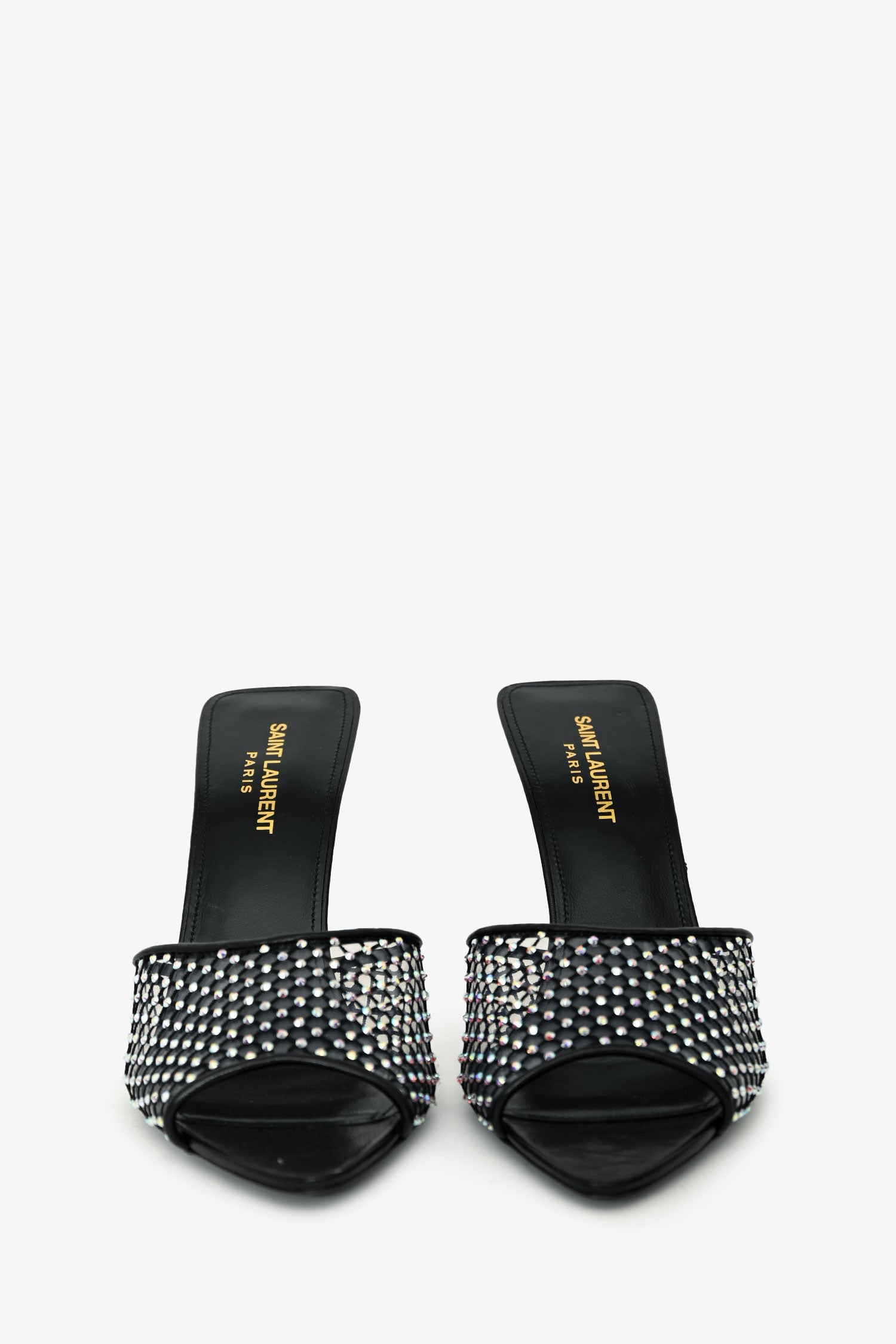 Saint Laurent Black Leather Crystal Embellished Mesh Mules Size 38.5