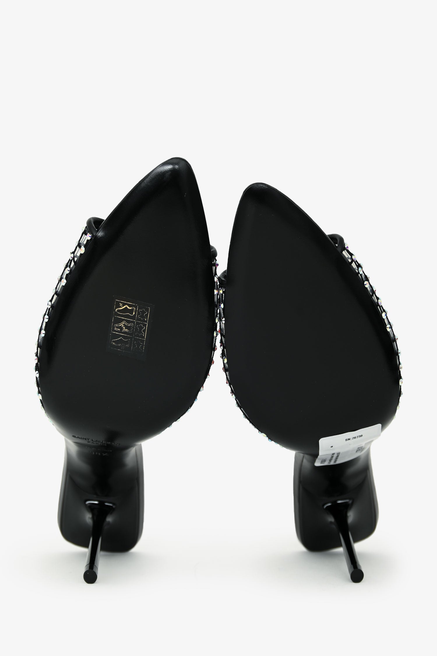 Saint Laurent Black Leather Crystal Embellished Mesh Mules Size 38.5