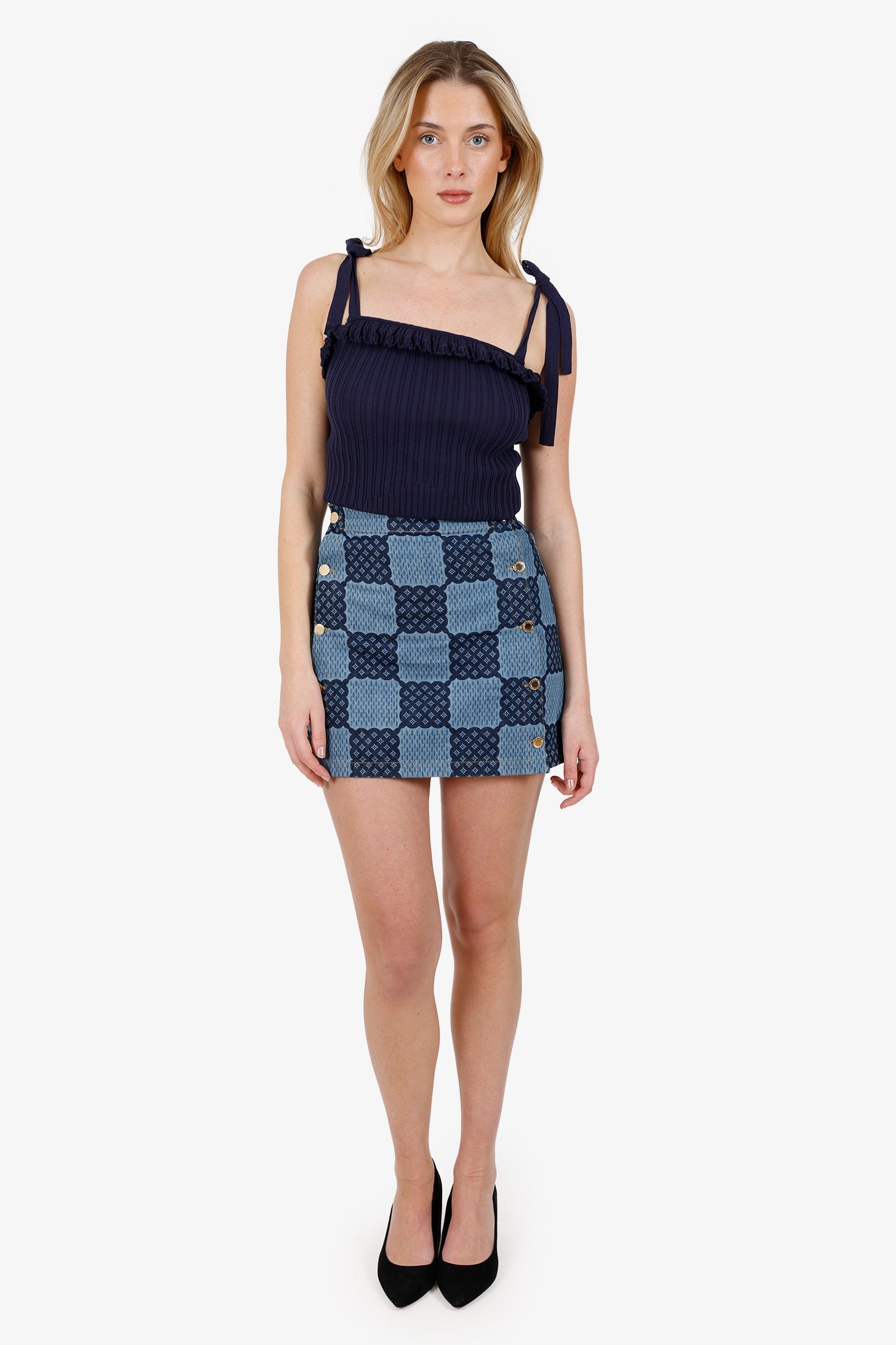 Louis Vuitton Blue Damier Denim Mini Skirt Size 36 'Altered'