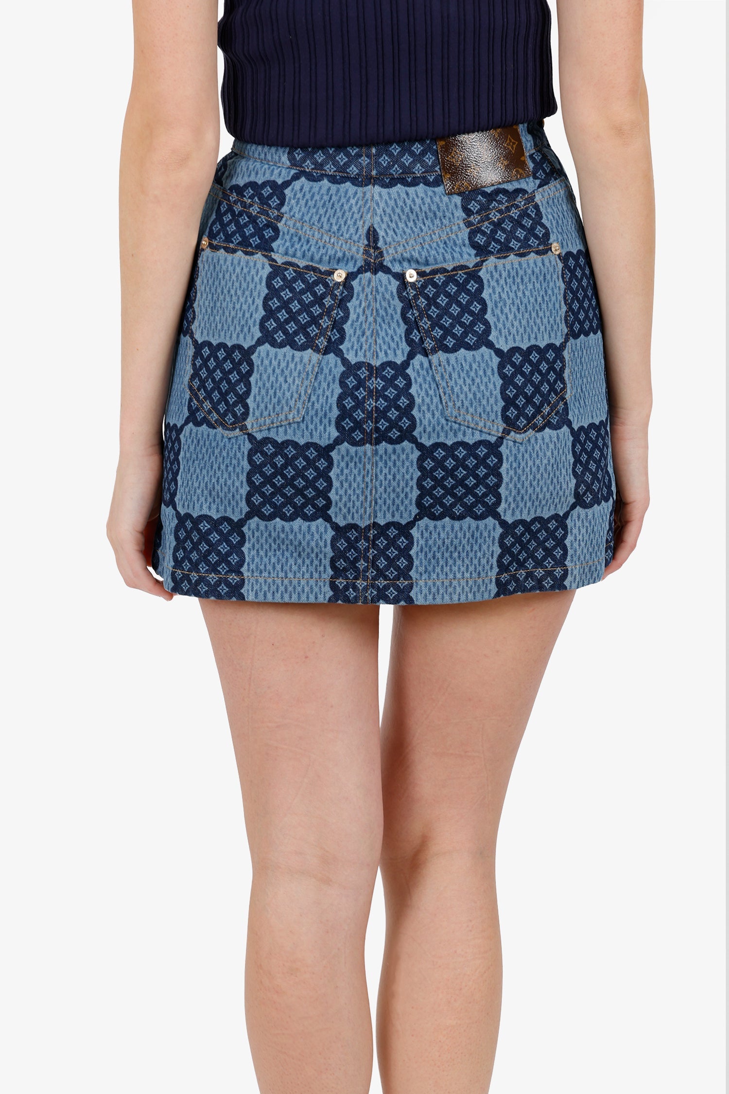 Louis Vuitton Blue Damier Denim Mini Skirt Size 36 'Altered'