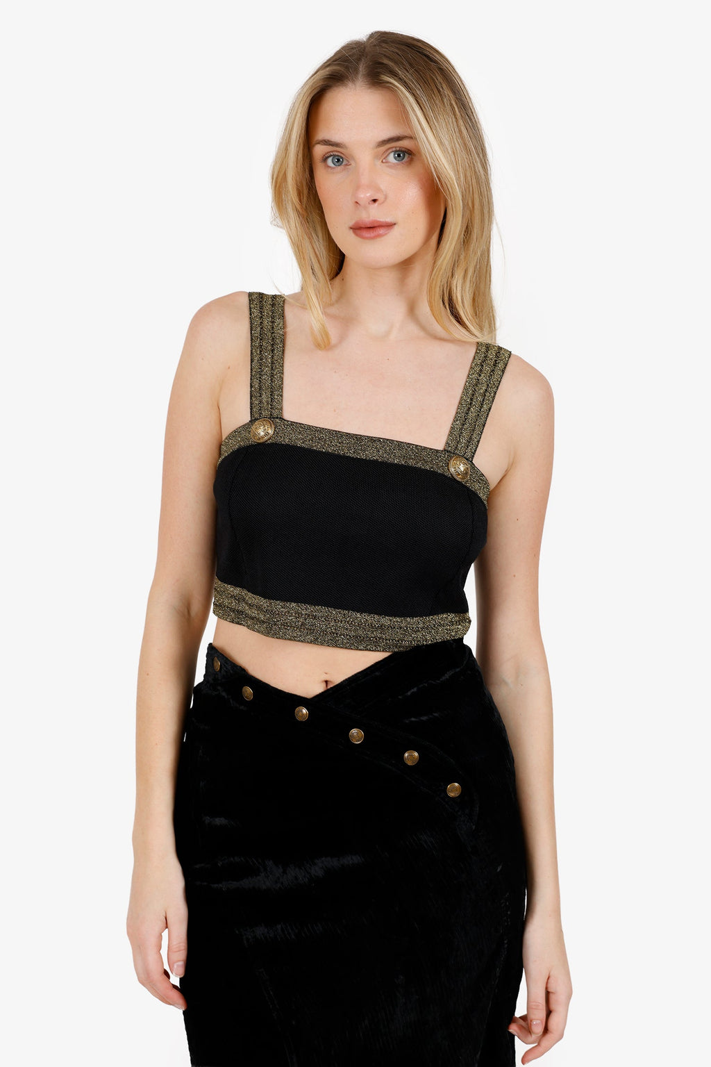 Balmain Black/Gold Button-Embossed Cropped Knit Top Size 40