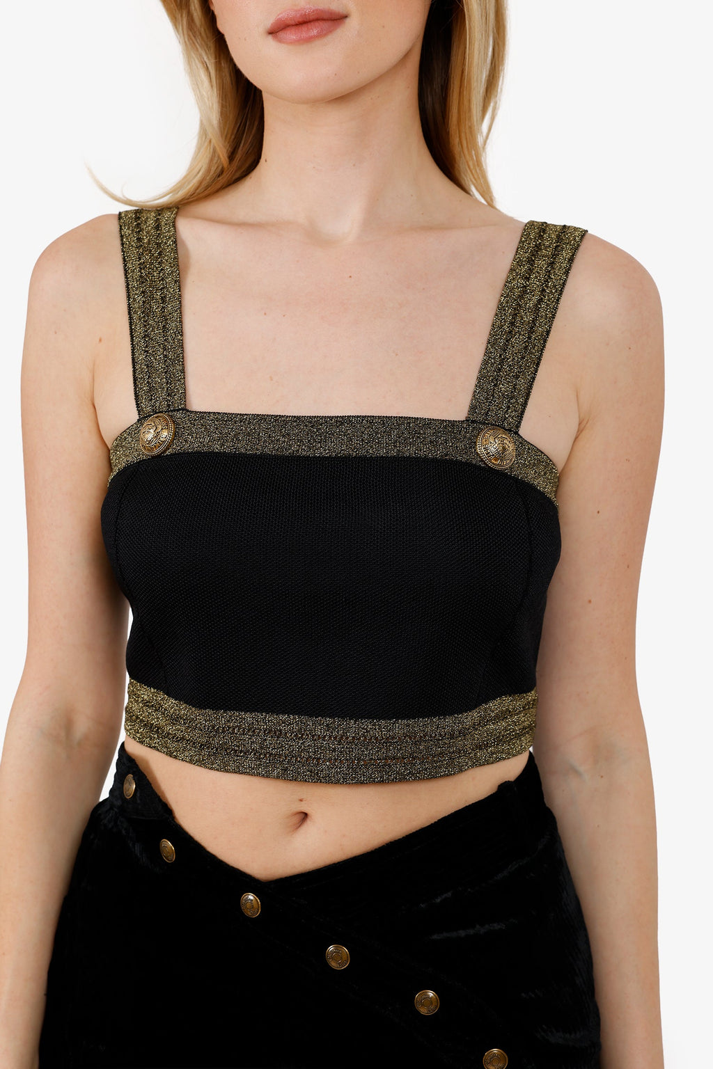 Balmain Black/Gold Button-Embossed Cropped Knit Top Size 40