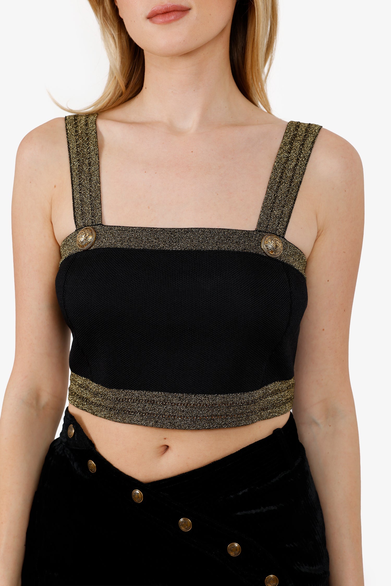 Balmain Black/Gold Button-Embossed Cropped Knit Top Size 40