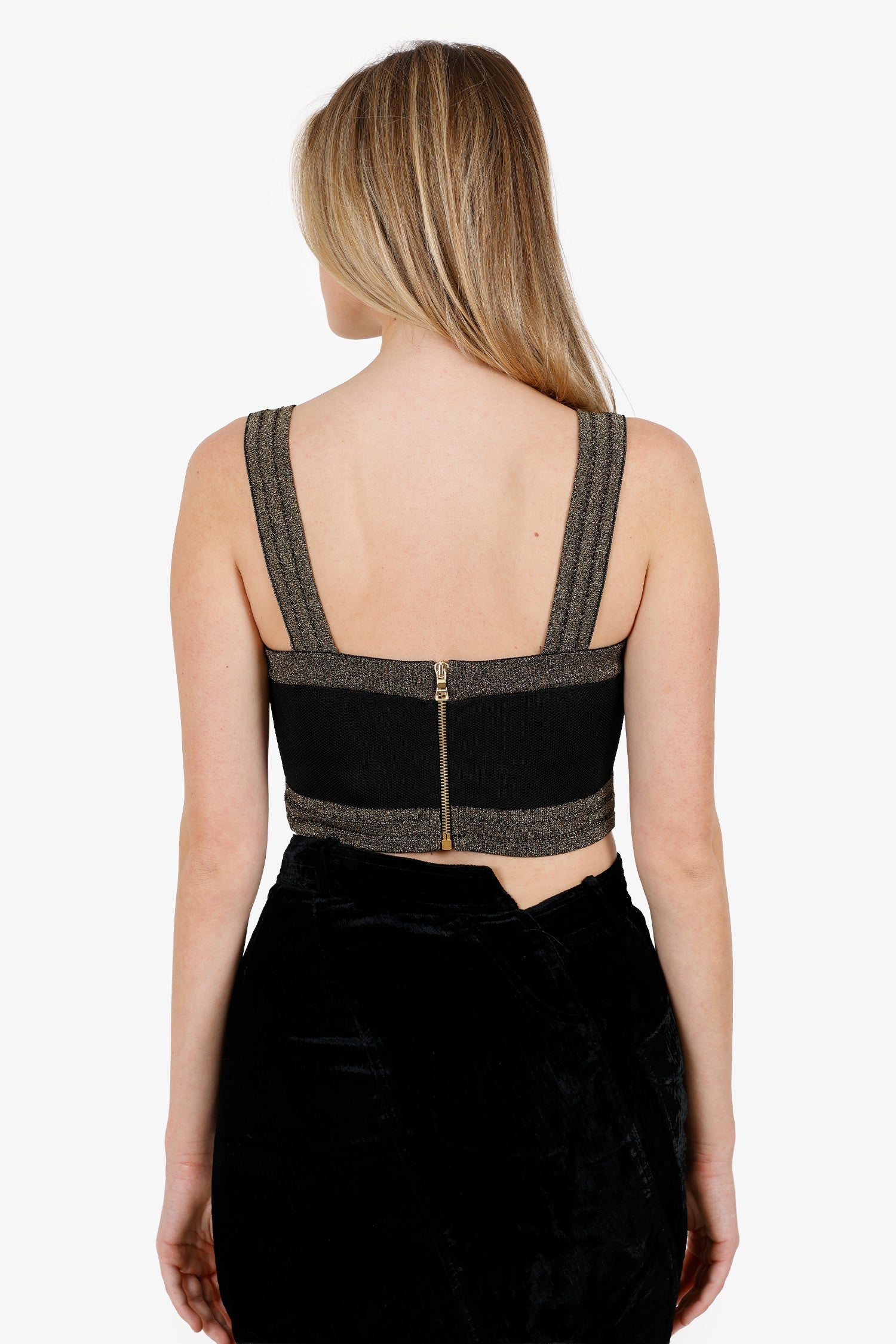 Balmain Black/Gold Button-Embossed Cropped Knit Top Size 40