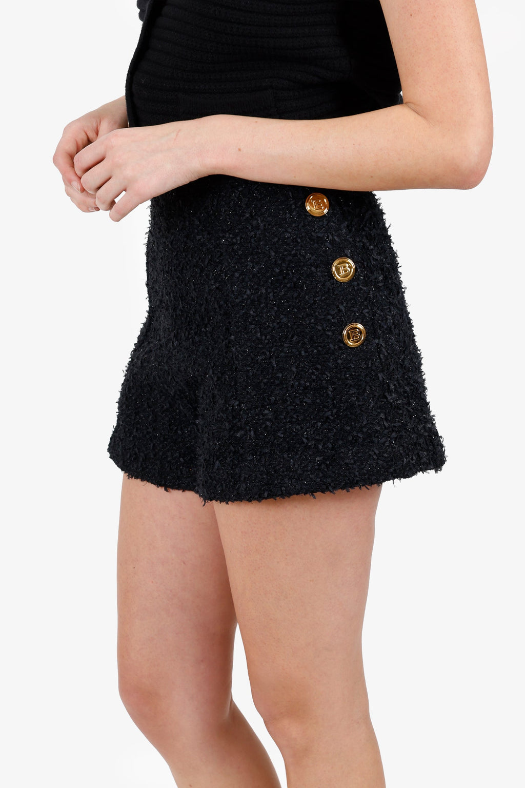 Balmain Black Tweed Gold Button Mini Shorts Size 36