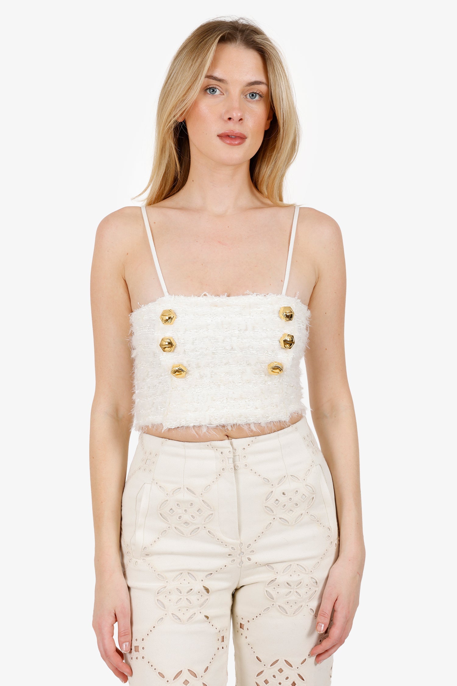 Balmain White Metallic Tweed Double Breasted Crop Top Size 36