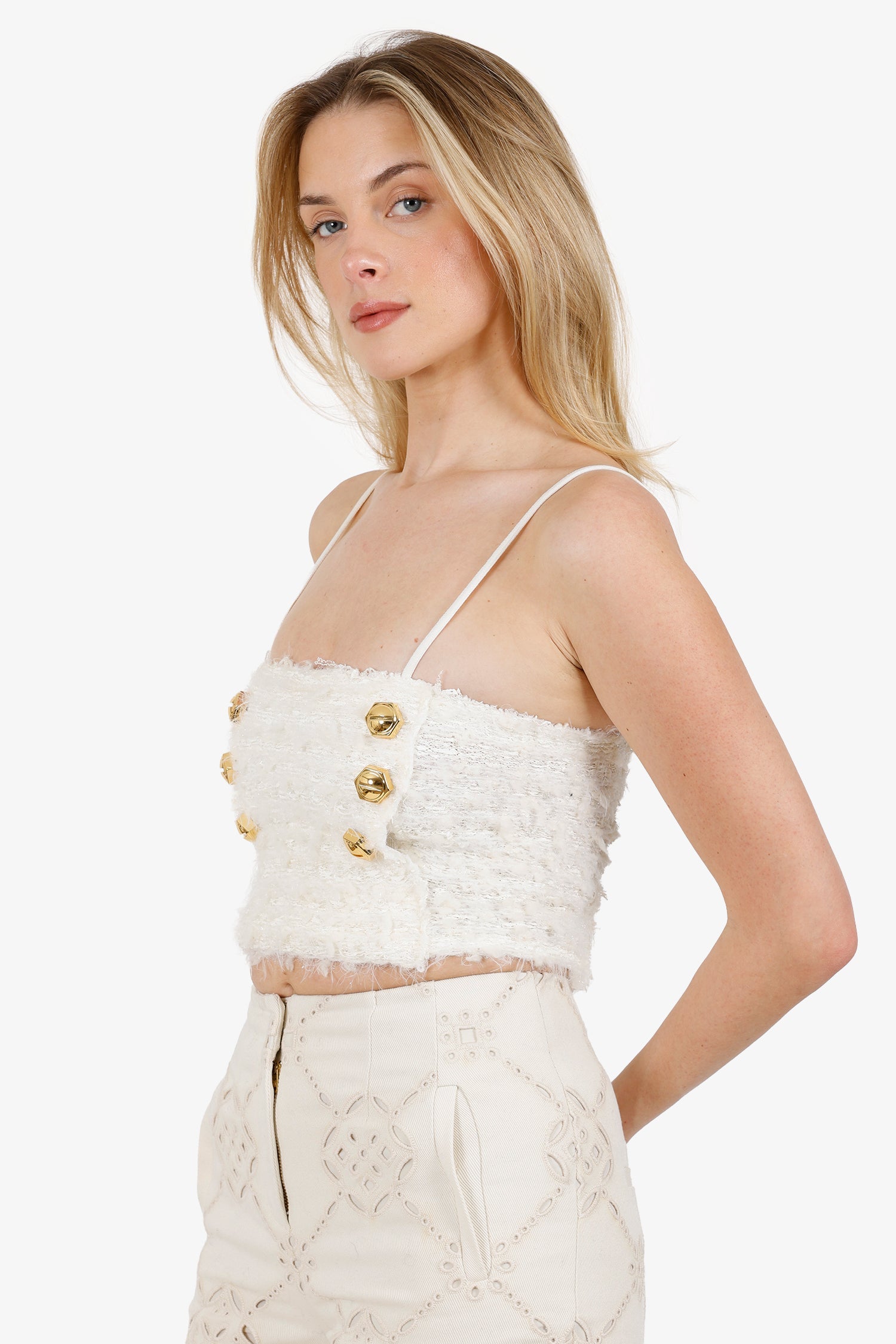 Balmain White Metallic Tweed Double Breasted Crop Top Size 36