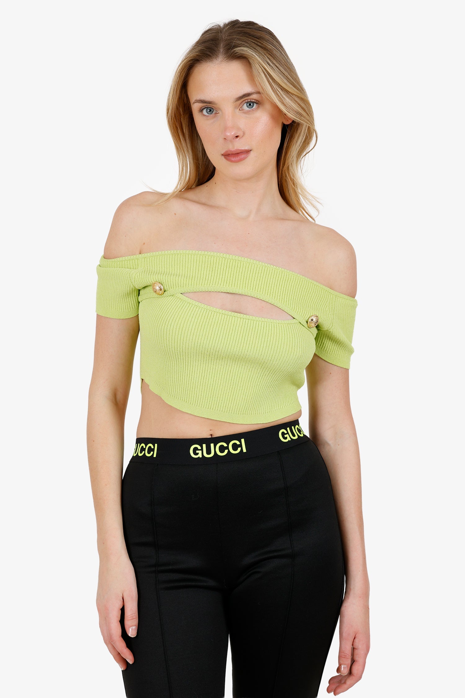 Balmain Green Cut-out Ribbed Knit Cropped Top Size 42