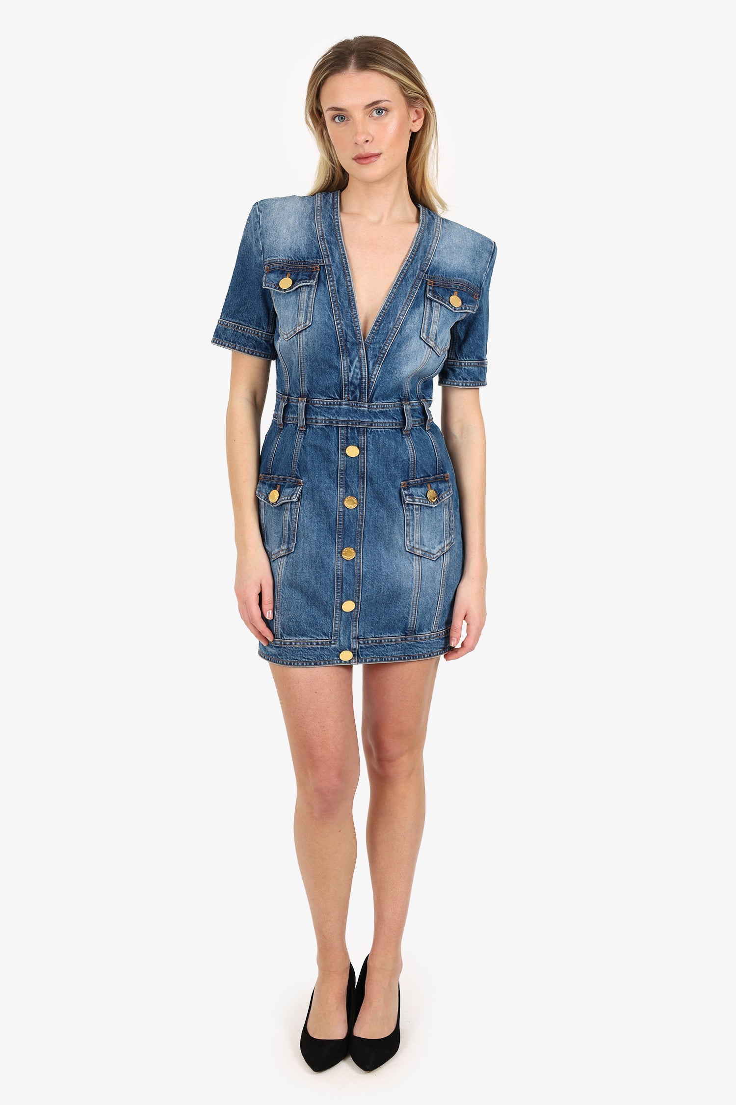 Balmain Blue Denim V-Neck Mini Dress Size 40