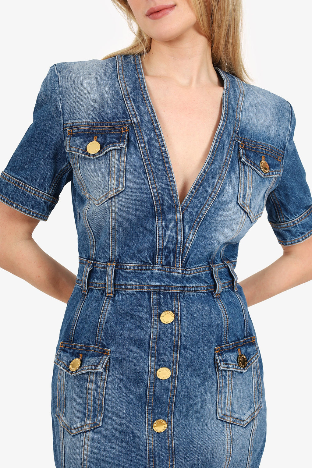 Balmain Blue Denim V-Neck Mini Dress Size 40