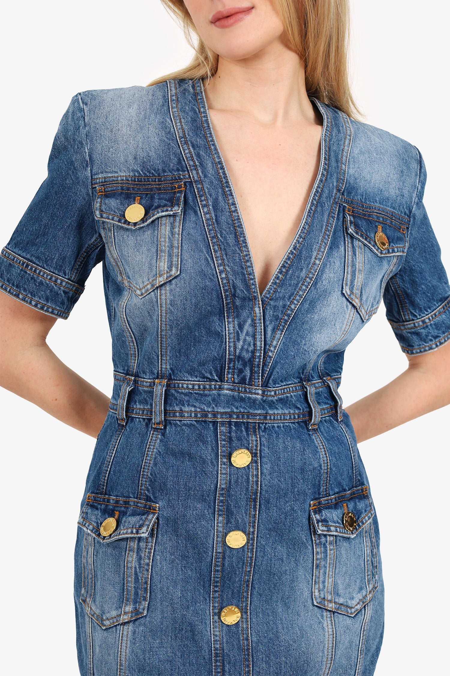 Balmain Blue Denim V-Neck Mini Dress Size 40