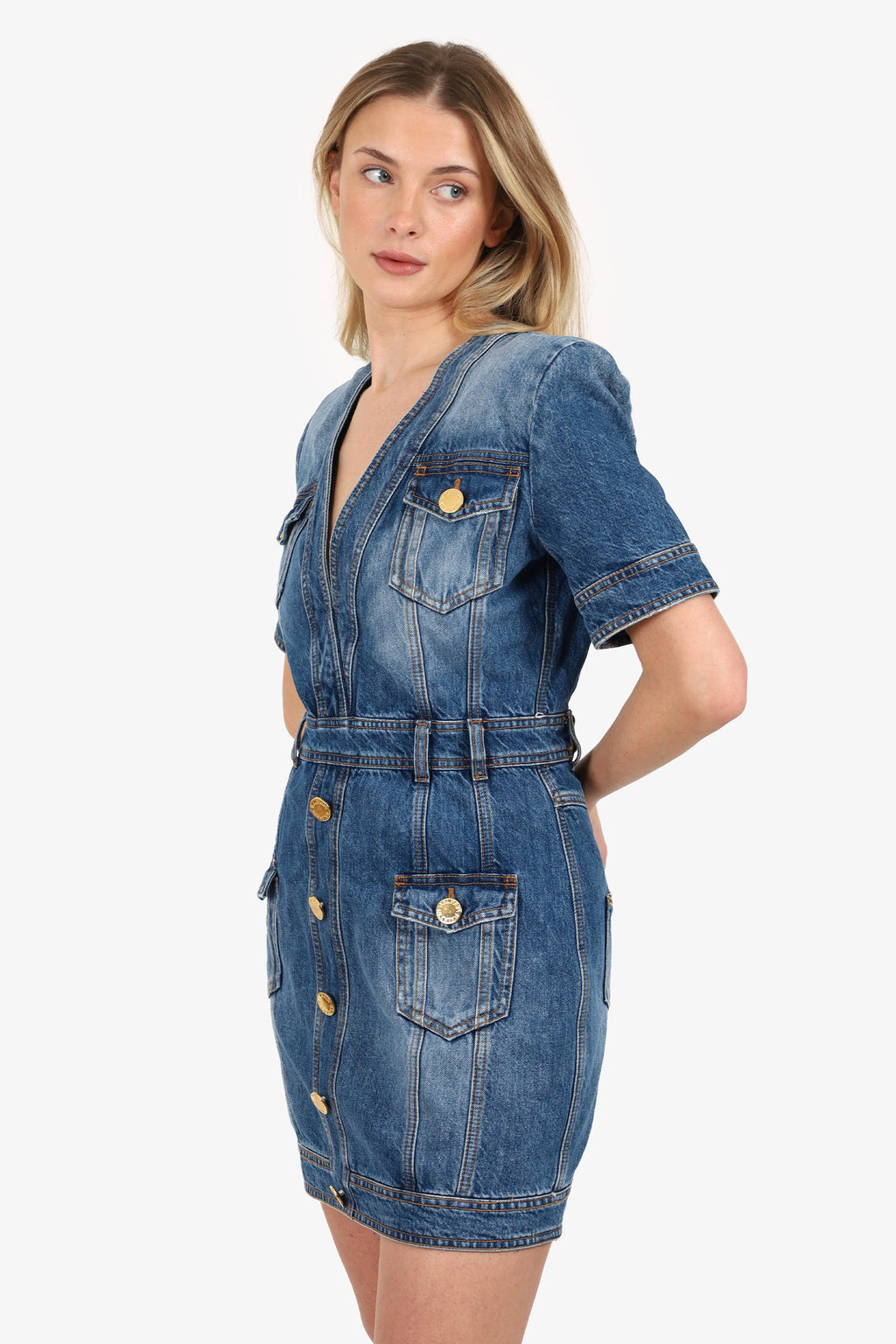 Balmain Blue Denim V-Neck Mini Dress Size 40
