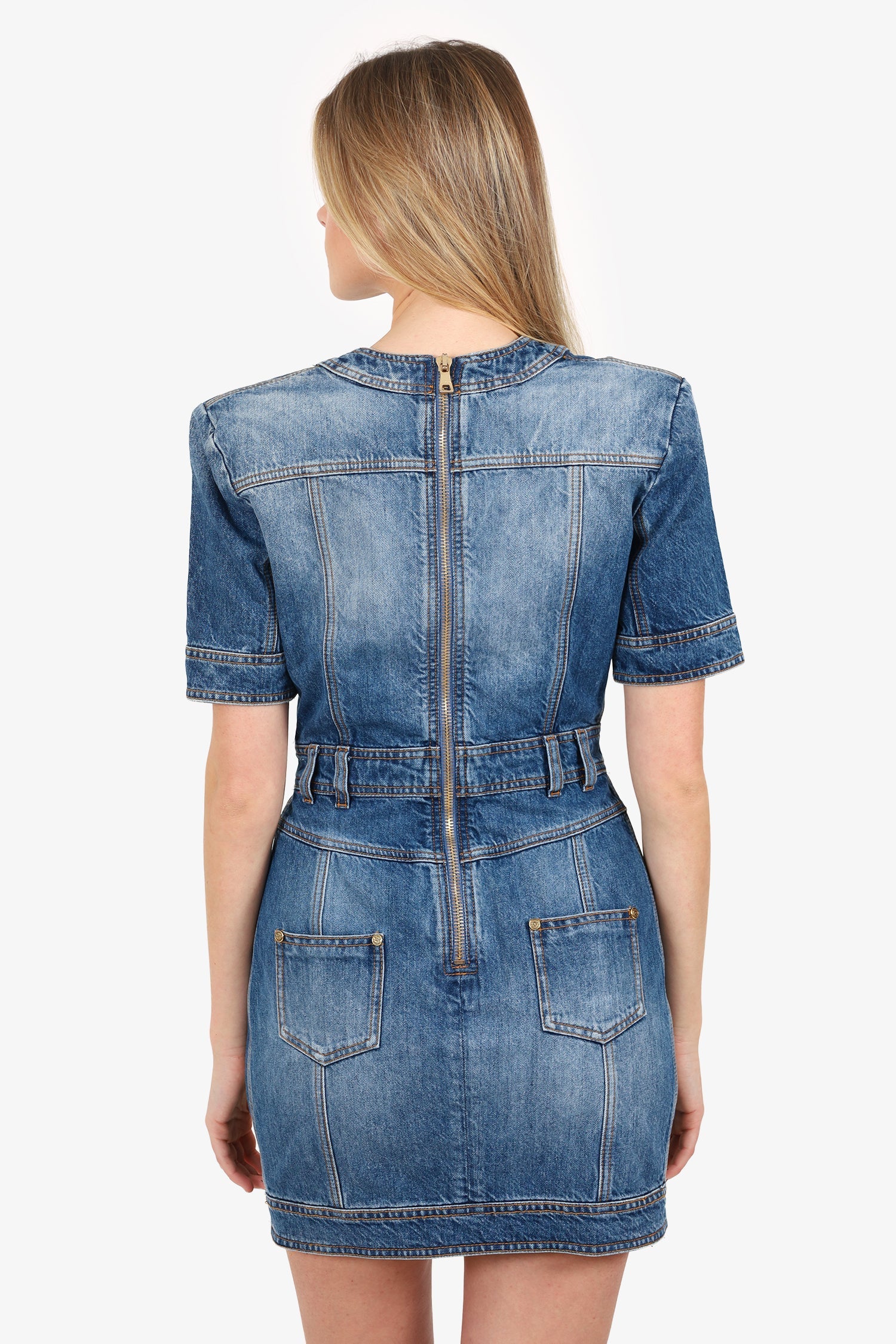Balmain Blue Denim V-Neck Mini Dress Size 40