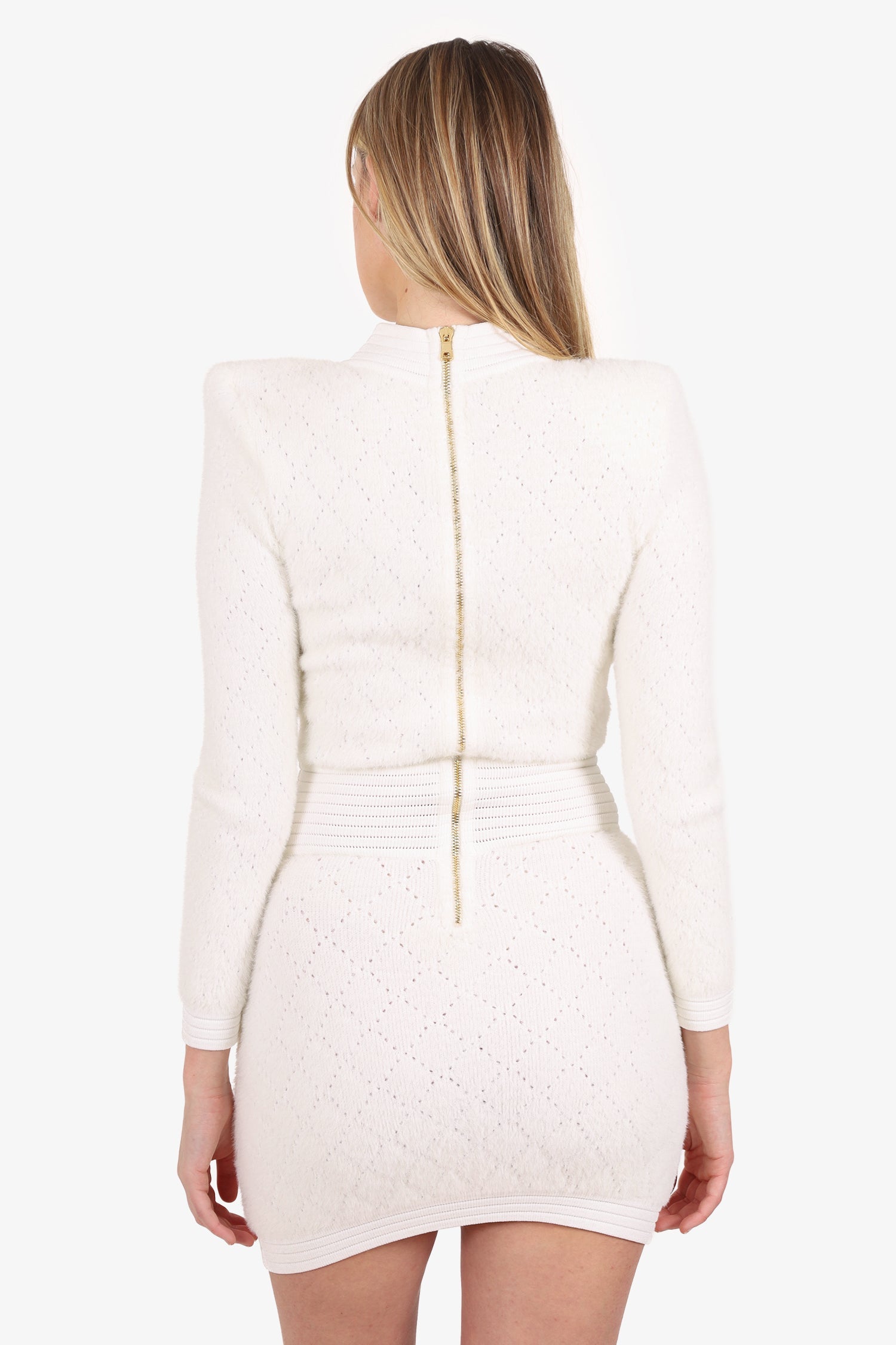 Balmain White Button-embellished Knitted Dress Estimated Size 40