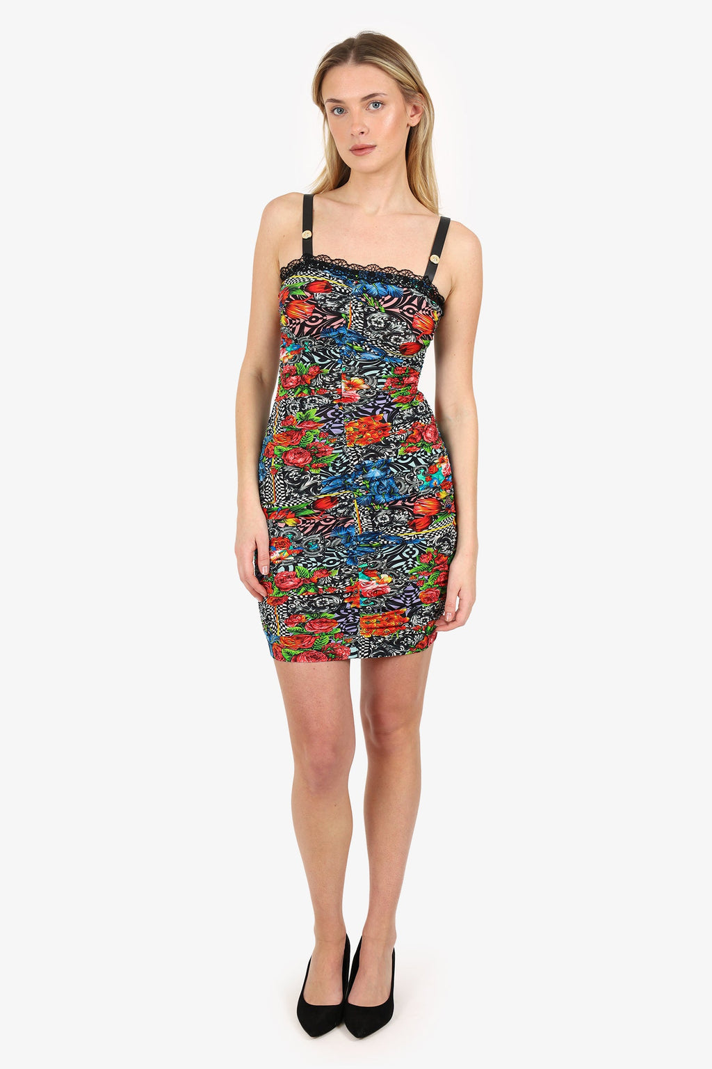 Versace Jeans Couture Multicolour Floral Print Ruched Midi Dress Size 2