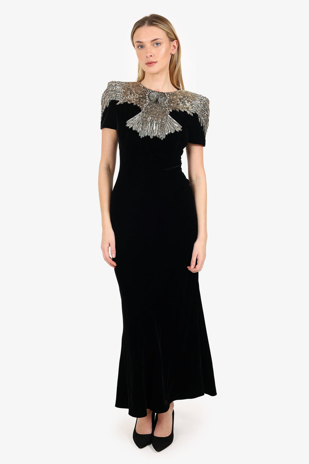 Alexander McQueen Black Velvet Beaded Crystal Eagle Embellished Gown Size 46