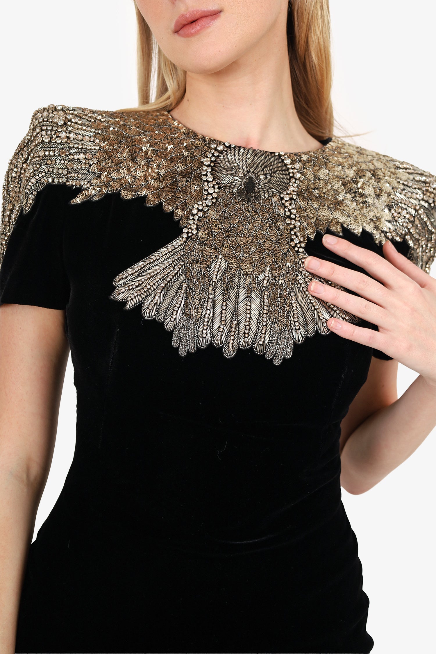 Alexander McQueen Black Velvet Beaded Crystal Eagle Embellished Gown Size 46