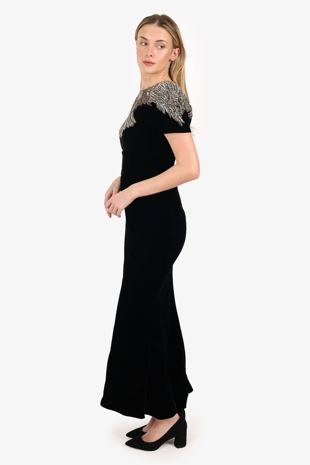 Alexander McQueen Black Velvet Beaded Crystal Eagle Embellished Gown Size 46