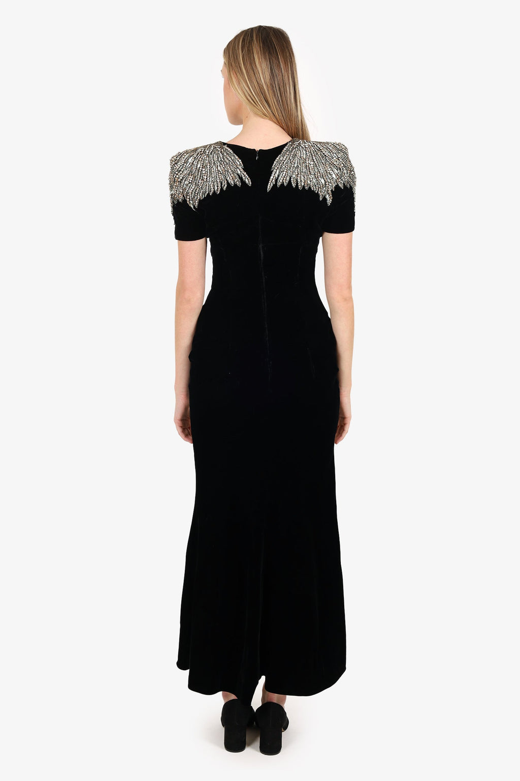 Alexander McQueen Black Velvet Beaded Crystal Eagle Embellished Gown Size 46