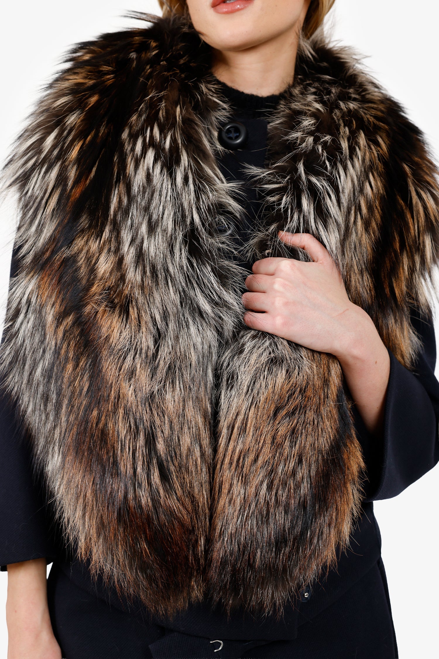 Prada Black Wool Belted Coat With Fox Fur Size 40