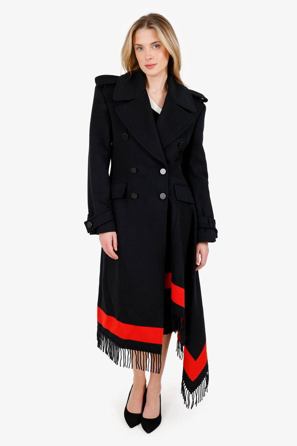 Alexander McQueen Black/Red Cashmere/Wool Fringed Hem Blanket Coat Size 44