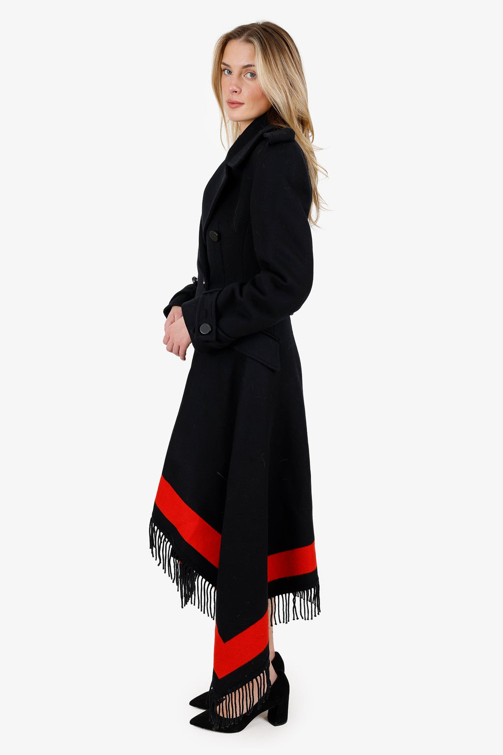 Alexander McQueen Black/Red Cashmere/Wool Fringed Hem Blanket Coat Size 44
