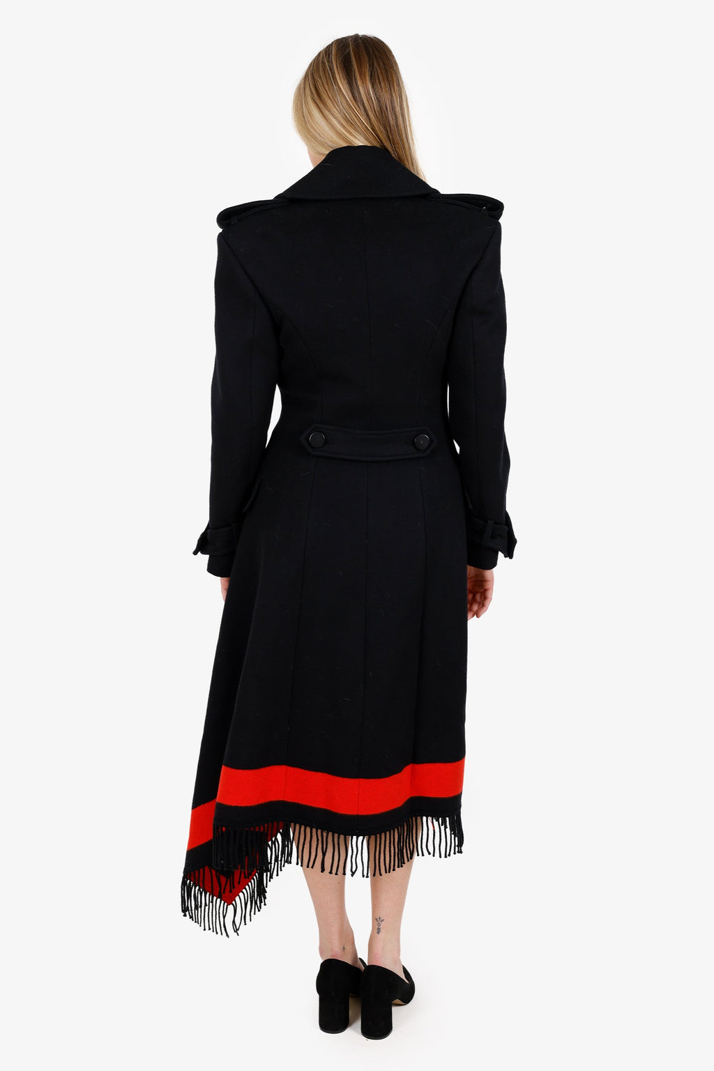 Alexander McQueen Black/Red Cashmere/Wool Fringed Hem Blanket Coat Size 44