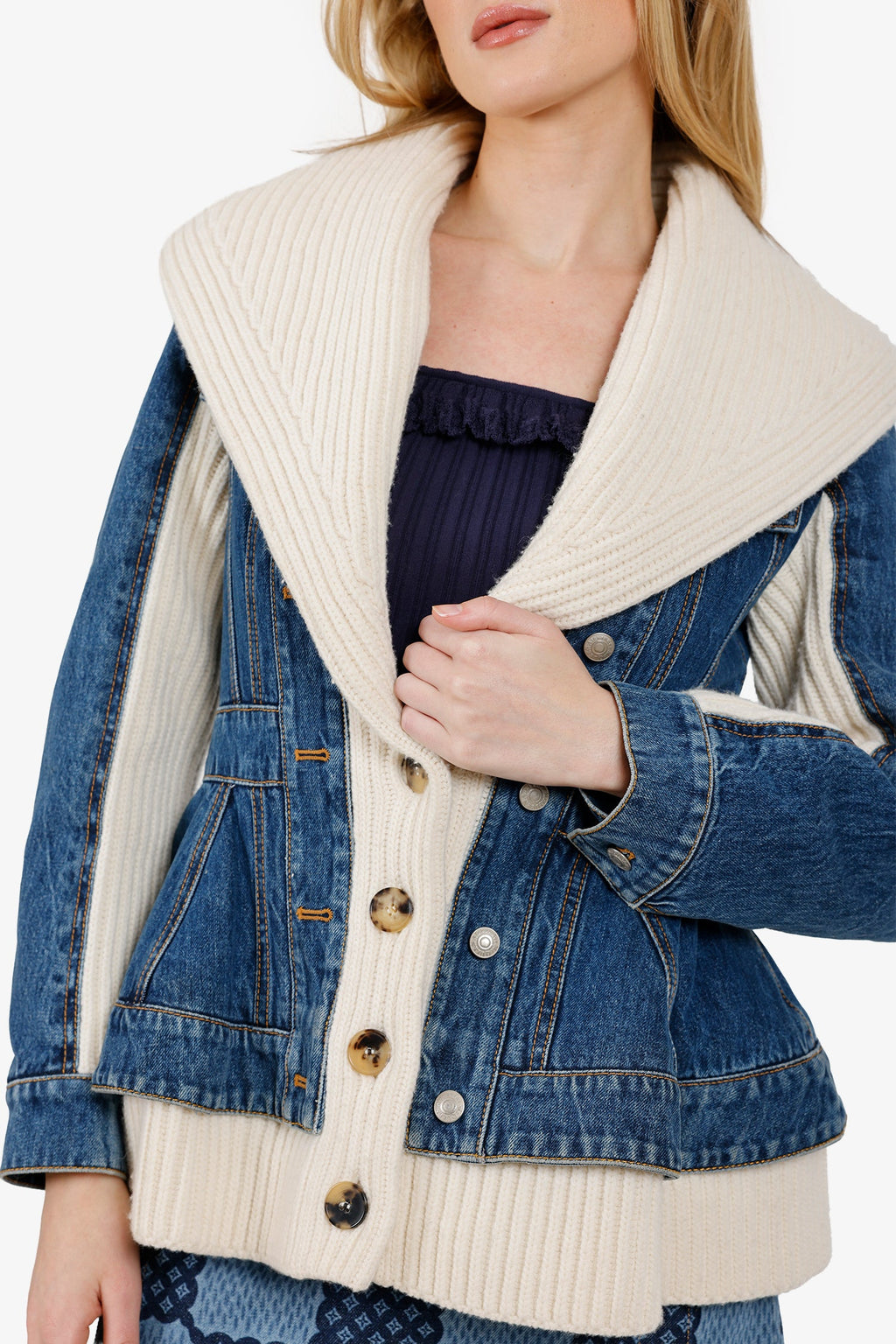 Alexander McQueen Blue/White Hybrid Knit Denim Jacket Size 40