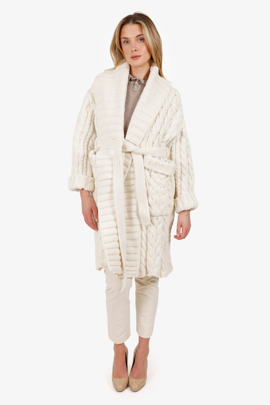 Dolce & Gabbana White Wool/Cashmere Oversized Belted Cable Knit Coat Size 38
