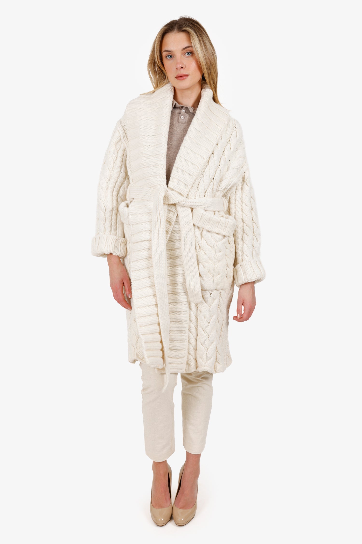 Dolce & Gabbana White Wool/Cashmere Oversized Belted Cable Knit Coat Size 38