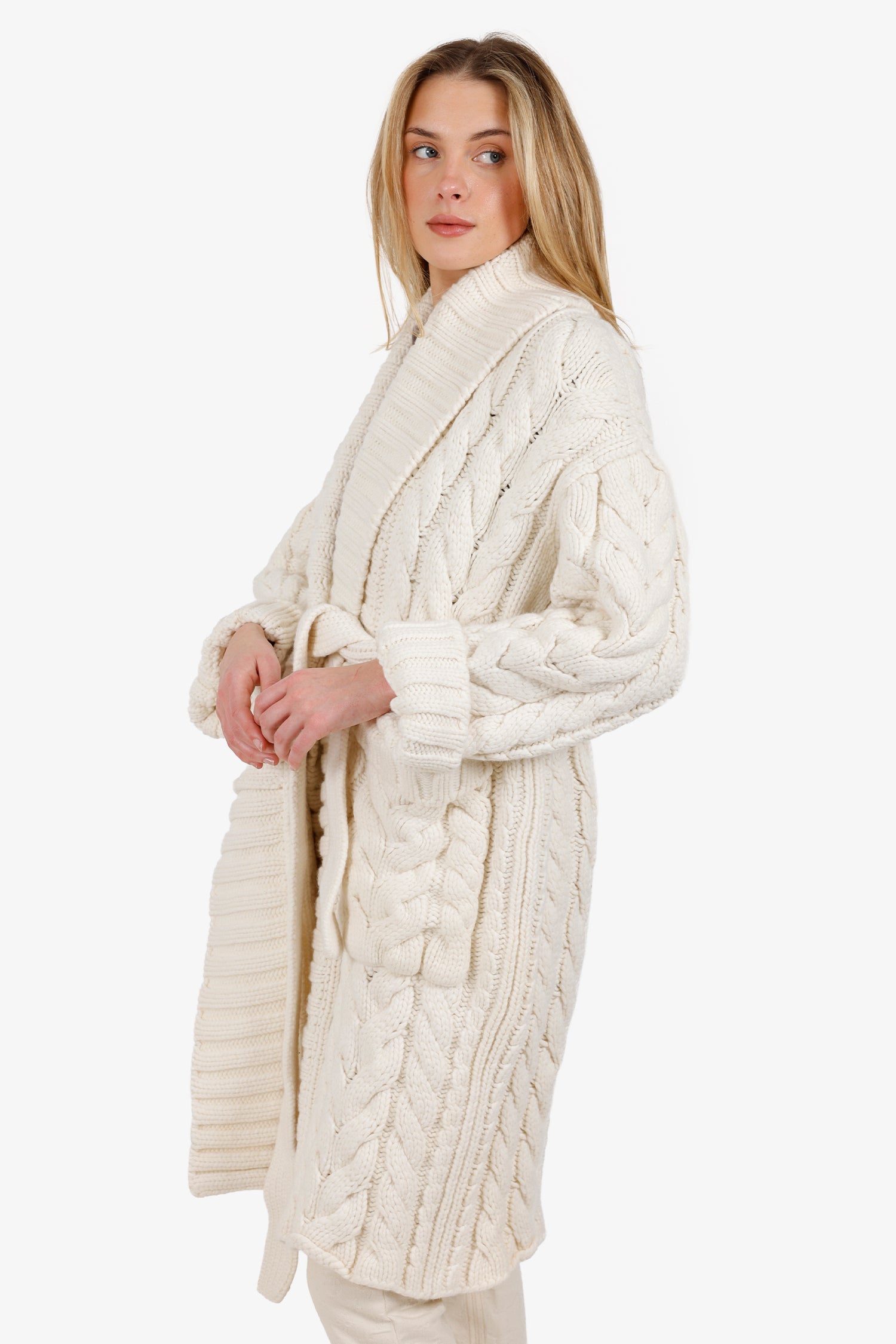 Dolce & Gabbana White Wool/Cashmere Oversized Belted Cable Knit Coat Size 38